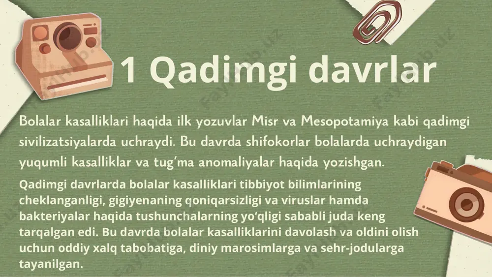 saqlab qoldi, chunki bu kasallik bolalarda yuqori o‘lim darajasiga ega edi. 3. ilmiy tadqiqotlar va penitsillin kashfiyoti: 1928 yilda aleksandr fleming penitsillinni kashf etdi. bu kashfiyot antibiotik davrining boshlanishini anglatadi. penitsillin va boshqa antibiotiklar tufayli bolalar orasida turli bakterial infeksiyalarni davolash imkoniyati paydo bo‘ldi, bu esa o‘lim darajasini keskin kamaytirdi. 4. poliomiyelitga qarshi kurash: 20-asrning dastlabki o'n yilligida poliomiyelit (bolalar falaji) bolalar salomatligi uchun katta tahdid bo‘lib, ko‘plab bolalarda falajga va hatto o‘limga olib kelardi. 1950- yillarda jonas salk va albert sabin tomonidan poliomiyelitga qarshi vaksinalar ishlab chiqilgach, bu kasallik bilan bog‘liq holatlar sezilarli darajada kamaydi. 5. ayrim kasalliklarni yo‘q5. ayrim kasalliklarni yo‘q qilishga harakat: boshqaqilishga harakat: boshqa yuqumli kasalliklarni oldini olishyuqumli kasalliklarni oldini olish uchun global miqyosda emlashuchun global miqyosda emlash kampaniyalari boshlandi. 20-kampaniyalari boshlandi. 20- asrning oxiriga kelib, chechakasrning oxiriga kelib, chechak kasalligi butunlay yo'q qilindi,kasalligi butunlay yo'q qilindi, va boshqa kasalliklarni yo'qva boshqa kasalliklarni yo'q qilish bo‘yicha …