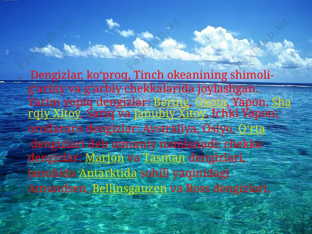 avgustda 6—8°, antarktida qirgʻoklari yaqinida fevralda —10°, avgustda —25°. tinch okeanida yogʻin miqdori suvning bugʻlanishiga karaganda koʻproq. yillik oʻrtacha yogʻin ekvator yonida 3000 mm dan ziyod, oʻrtacha kengliklarning gʻarbida 1000 mm, sharqida 2000– 3000 mm, eng kam yogʻin subtropiklarning sharqiy chekkalarida yogadi (200–300 mm). tinch okeanining shimoliy qismida iliq shimoliy passat — kurosio va shimoliy tinch okean hamda sovuq kaliforniya oqimlari aylanma oqimni keltirib chiqaradi. shimolidagi moʻʼtadil kengliklarning gʻarbida sovuq kuril oqimi, sharqida iliq alyaska oqimi mavjud. tinch okeani ekvatorial sirkulyatsiyasida passatlararo ters oqimi muhim agʻamiyatga ega. bu oqim tinch okeanini gʻarbdan sharqqa qarab gʻarbda 150–300 m.sharqda 250 300 m chuqurlikda, 500600 km kenglikda kesib oʻtadi. oqim tezligi 5,4 km/soat. okeanning janubida janubiy passat, sharqiy avstraliya iliq oqimlari va gʻarbiy shamollar va peru sovuq oqimlari antitsiklonal sirkulyatsiyani yuzaga keltiradi. image2.jpeg image3.jpeg image4.jpeg image5.jpeg image6.jpeg image7.jpeg /docprops/thumbnail.jpeg
