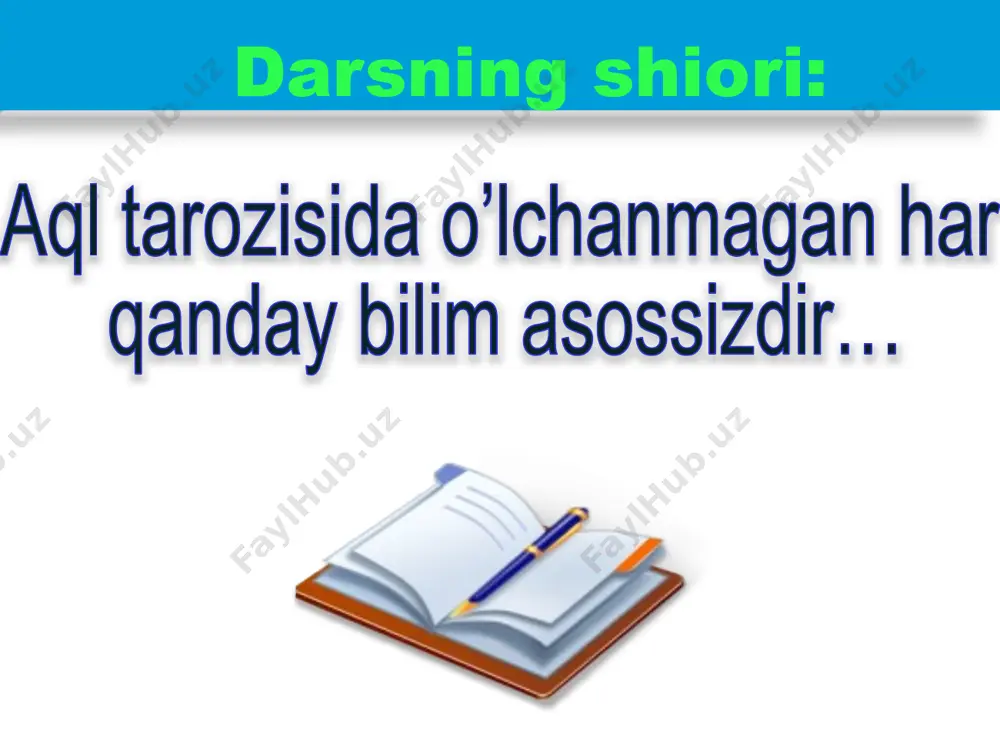 iriqlarni tekshiramiz. test mustaqillik yillarida samarqandning necha yilligi nishonlandi? a) 2750 yilligi atama mazmunini izohlang registon so’zining ma’nosi nima? registon (forscha) – tosh to’shalgan maydon degan ma’noni anglatadi savol “hatto mohir ustalari jahonga mashhur bo’lgan parijda ham bu ish juda go’zal bo’lar edi” so’zlarining muallifi kim? javob: ispaniya qirolligi elchisi gonzales de klavixo ortiqchasini top bu yerda ortiqcha javob minorayi kalon chunki shedor, tillakori va ulug’bek madrasalari samarqandda joylashgan. minorayi kalon esa buxoroda joylashgan mavzu: birinchi jahon urushi urushning sabablari. reja: urushning insoniyat uchun fojiali oqibatlari. urushning boshlanishi va uning natijalari. 1-reja:urushing sabablari fransiya buyuk britaniya rossiya aqsh “g’oyalar gilami” fikr almashamiz: jahon urushi deganda nimani tushunasiz? zulfiyaning “o’g’lim sira bo’maydi urush” she’ridan parcha urush noming o’chsin jahonda, hamon bitmas sen solgan alam. sen tufayli ko’p xonadonda, ota nomli buyuk shodlik kam. insoniyat bugungi kungacha ikkita jahon urushini boshidan kechirdi. ularning birinchisi 1914-yilda boshlanib, 1918-yilda tugadi. buyuk britaniya, fransiya va …