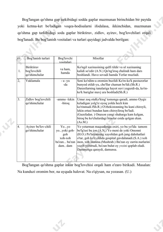 bog'lansabog'langan qo'shma gapdagi sodda gaplar orasiga vergul qo'yiladi:yomg'ir tindi-yu, quyosh charaqlab chiqdi. 4. bog'langan qo'shma gap tarkibidagi sodda gaplar o'zaroayiruvchi bog'lovchilar yordamida biriksa orasiga vergul qo'yiladi. o'ktam goh daraxtning rnevalariga, goh oftobda qordek chaqnagan uyum-uyum pillalarga qiziqib qaraydi.(o.) ergashgan qo'shma gap mazmun, ohang va grammatik jihatidan bin ikkinchisiga tobelanib, uni to'ldirish, izohlasll aniqlash uchun xizmat qiladigan qo'shma gaplar ergashgan qo'shina gap deyiladi. shuning uchun bu qo'shma gaplaming komponentlaridan biri hokim, ikkinchisi tobe sanaladi. hokim, tobe munosabatlariga ko'ra ergashgan qo'shma gaplar ikkiga bo'linadi: 1, bosh gap. 2. ergash gap. o'zicha mustaqil bo'lib, boshqa gapga tobelanmagan gap bosh gap deyiladi. bosh gapga ergashib uni izohlab kelgan gap ergash gap deyiladi. masalan: ildiz oziq bersa, novda ko'karar. (maqol.) gapida ildiz oziq bersa—ergash gap, novda ko'karar—bosh gap. bunda ergash gap bosh gapni payt munosabatiga ko'ra izohlagan. ergashgan qo'shma gapda bosh gapning kesimi to'liq shakllangan bo'ladi, ammo ergash gapning kesimi to'liq shakllanavermaydi, shunga ko'ra ergash …