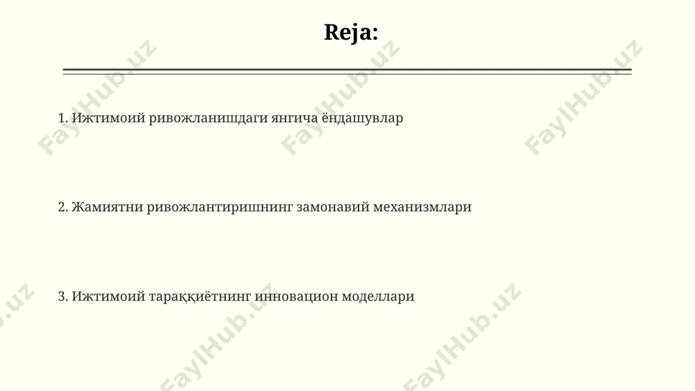 rildi, natijada ijtimoiy-iqtisodiy ko'rsatkichlar 15% ga o'sdi. madaniyat va ijtimoiy taraqqiyot "madaniyat va ijtimoiy taraqqiyot" dasturi doirasida 2023-yilda 500 dan ortiq madaniy-ma'rifiy tadbirlar o'tkazilib, 100 mingdan ziyod kishi qamrab olindi, bu ijtimoiy birdamlikni mustahkamlashga xizmat qildi. ijtimoiy taraqqiyotning samaradorligini oshirish maqsadida, "madaniyat va ijtimoiy taraqqiyot" strategiyasi 3 ta asosiy yo'nalish – ta'lim, sog'liqni saqlash va ijtimoiy himoya – bo'yicha aniq ko'rsatkichlarni belgilash orqali amalga oshiriladi. "madaniyat va ijtimoiy taraqqiyot" konsepsiyasi yosh avlodning 70% dan ortig'ini qamrab oladigan interaktiv platformalarni yaratish orqali milliy qadriyatlarni targ'ib qilish va ijtimoiy integratsiyani kuchaytirishga qaratilgan. ta’lim va ijtimoiy rivojlanish ta'lim sifati yaxshilanishi natijasida 2023 yilda 15% ga o'rta maktab bitiruvchilarining oliygohlarga kirish ko'rsatkichlari oshdi, ijtimoiy rivojlanishga ijobiy ta'sir ko'rsatdi. “ta’lim va ijtimoiy rivojlanish” milliy dasturi doirasida 2024 yilga qadar 3 million fuqaroning raqamli savodxonligi darajasini oshirish rejalashtirilgan, bu iqtisodiy o'sishni tezlashtiradi. qishloq joylarda 5000 dan ortiq yangi ish o'rinlari yaratish dasturi doirasida kasb-hunar ta'limi orqali …