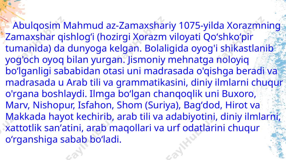 omi (al-kashshaf) kashaf “ochmoq” feʼlidan olingan. shunday qilib, bu kitob qur'on iboralarining sintaktik va semantik noaniqliklarini ochishga harakat qiladi. matnda az-zamaxshariy uni qurish motivi, turtki va maqsadlarini tushuntirib berdi. darhaqiqat, u dastavval bu kitobni yozishga ikkilanganini tan olgan, chunki u o'zini qur'onni to'g'ri talqin qilish uchun zarur boʻlgan ko'nikmalarga ega emas deb o'ylardi. uning so'zlariga ko'ra, u har doim o'z shogirdlariga dars o'tayotganda va qur'on oyatlarini tilga olganida, shogirdlari ilgari hech qachon uchramagan yangi ma'nolarni o'zlashtirgandek tuyulardi. u buni davom ettirar ekan, talabalar boshqa fanlardan ko'ra qur'on tafsiriga ko'proq qiziqish bildirishgan.[11] shunday qilib, az-zamaxshariy qur'on tafsirining barcha ma'nolari haqida kitob yozishini aytganida, shogirdlar besabrlik bilan al-kashshof kitobi yozilishini kutishgan. 4 bu kitobni ajratib turadigan xususiyatlardan biri uning hatto arab tilini o'rganuvchilar uchun ham tushunarli bo'lishi va ortiqcha narsaning yo'qligidir. yana bir xususiyat shundaki, bu arab tilida so‘zlashuvchilarning ma’nolarni yetkazish va ularning majoziy nutqidan foydalanish uslublariga bog‘liqdir. bundan tashqari, tushuntirish usuli …