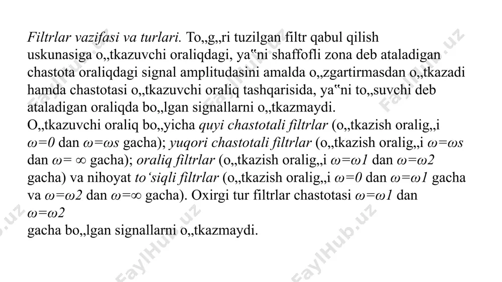 koʻrsatilgan oddiy birinchi tartibli elektron yuqori chastotali filtr kondensator va rezistorning ketma-ket ulanishiga kirish kuchlanishini ulash va rezistordan chiqish kuchlanishini olish orqali amalga oshiriladi. qarshilik va sigʻimning koʻpaytmasi (r × c) yaʼni vaqt doimiysi (τ); u f c kesish chastotasiga teskari proportsionaldir, yaʼni f c== bu yerda f c – gertslarda, t – soniyalarda, r – ohmlarda va c – faradlarda . past chastotali filtr - tanlangan kesish chastotasidan past chastotali signallarni o'tkazadigan va kesish chastotasidan yuqori chastotali signallarni susaytiradigan filtr . filtrning aniq chastotaviy javob reaksiyasi filtr dizayniga bog'liq. filtr ba'zan audio qurilmalarda yuqoridan kesuvchi filtr yoki treble-kesuvchi filtr deb ataladi. past o'tkazuvchan filtr yuqori o'tkazuvchan filtrning to'ldiruvchisidir. past chastotali filtrlarning turli xil ko'rinishlarda mavjud, jumladan, elektron sxemalar, masalan, ovoz qurilmalarida shovqin filtrlari ishlatilsa , analogdan raqamliga o'tkazishdan oldin signallarni sozlash uchun anti-aliasing filtrlari, ma'lumotlar to'plamini tekislash, akustik to'siqlar, tasvirlarni xiralashtirish va boshqalar uchun raqamli filtrlar ishlatiladi. vaqt bo'yicha …
