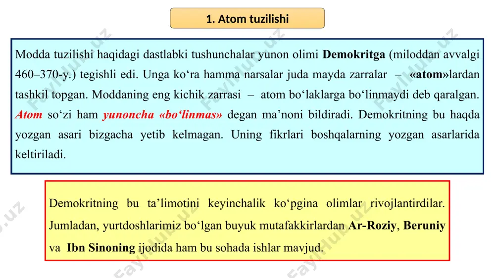orali zaryadlanadi. musbat jism 4 ta mubat = 4 ta manfiy 4 ta mubat > 3 ta manfiy 1 ta musbat ko’p manfiy jism 4 ta mubat < 5 ta manfiy 1 ta manfiy ko’p qiymat jihatidan elektron zaryadiga teng bo’lgan zaryad elementar zaryad deb ataladi. 3. elektron, praton zaryad miqdori va massasi eng kichik manfiy elementar zaryad elektron. eng kichik musbat elementar zaryad praton. zaryad miqdorini topish formulasi. 3. zaryadni saqlanish qonuni elektr zaryadi 1 atom so’zining ma’nosi nima? a)o’zgaruvchi b)bo’linuvchi c)bo’linmas 2 zaryadlari +5q va -10q bo’lgan 2 bir xil suv tomchisi qo’shilsa ularning umumiy zaryadlari qanday bo’ladi? ____________________________ 3 rasmda qanday asbob tasvirlangan va nimalardan tashkil topgan? 1) ikkita disk 2)leyden bankasi 3)dielektrik 4)metall sharcha a)1,2,4 b)2,3,4 c)1,2,3 4 jismda 2∙10² ta ortiqcha elektron bor. jism zaryadini toping? 5 elektr zaryadining birligi qaysi olim sharafiga qo’yilgan? a)nyuton b)kulon c)beruniy *