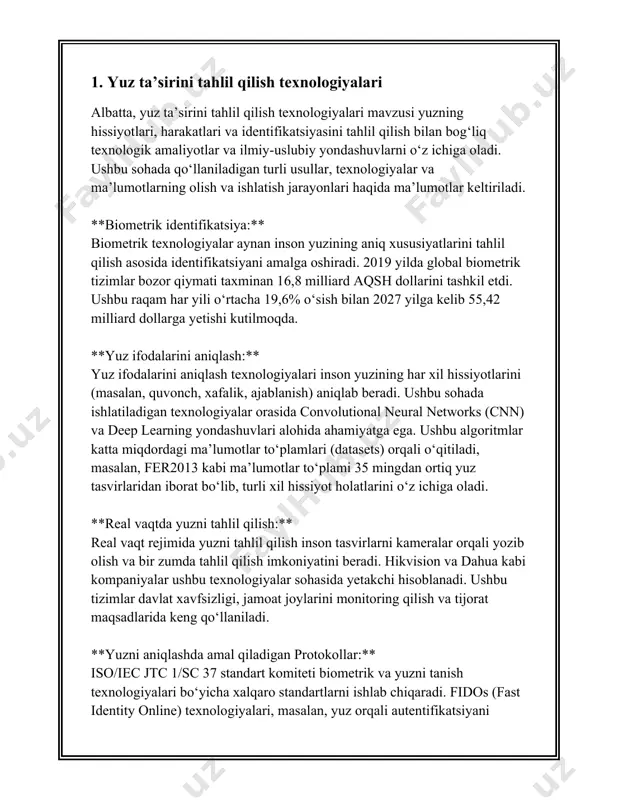 ya tushunchasi biometrik autentifikatsiya - bu foydalanuvchi yoki shaxsni tanib olish va tasdiqlash jarayonida biometrik identifikatorlarni (masalan, barmoq izi, yuz shakli, ko'z ichi belgisi, ovoz, va boshqalar) ishlatish texnologiyasidir. bu texnologiya xavfsizlikni oshirish va autentifikatsiya jarayonini soddalashtirish maqsadida keng qo'llaniladi. biometrik autentifikatsiya tushunchasi turli hil texnik ko‘rsatkichlar va jarayonlar orqali amalga oshiriladi. eng ko‘p qo‘llaniladigan biometrik texnologiyalar barmoq izi, yuzni tanib olish, va ovozli autentifikatsiyadir. har bir usulning o'zining qator afzalliklari va cheklovlari mavjud. barmoq izi orqali autentifikatsiya qilish tizimi eng ommabop usullardan biri hisoblanadi. ushbu texnologiya, ilk bor fransiyada 19-asr oxirida kriminal maqsadlar uchun qo‘llanila boshlagan. keyinchalik, bu texnologiya turli sohalarda, jumladan bank va telekommunikatsiya sohalarida xavfsizlikni ta’minlash uchun taqdim etildi. barmoq izlari kuzga ko‘rinmas, lekin unikal bo‘lgan maxsus naqsh va nuqtalardan iborat. ushbu naqshlarni kompyuter dasturlar orqali skanerlash va tanib olish mumkin. yuzni tanib olish texnologiyasi ham dolzarb biometrik autentifikatsiya usulidir. ushbu texnologiya inson yuz tuzilmasini aniqlash uchun …