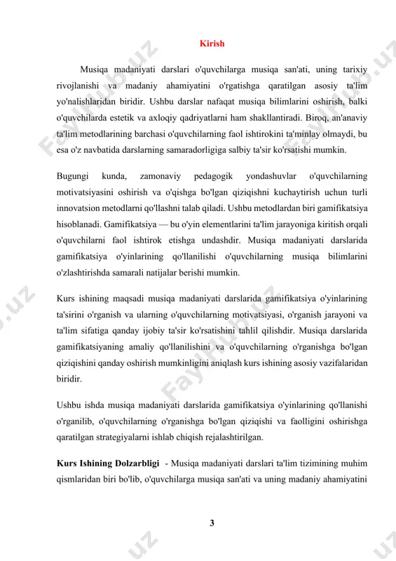 obat va hamkorlikni rag'batlantirish, shuningdek, o'qish jarayonini qiziqarli va interaktiv qilish, darslarning samaradorligini oshiradi. musiqa madaniyati darslarida gamifikatsiya o'yinlarining qo'llanilishi bugungi kunda dolzarb ahamiyatga ega. o'quvchilarning o'zini ifodalash va musiqa bilan tanishish jarayonlari ko'proq interaktiv va qiziqarli bo'lishi kerak. gamifikatsiya yordamida o'quvchilar musiqa nazariyasini va amaliyotini o'zlashtirishda faol ishtirok etadilar, bu esa o'qitish jarayonining samaradorligini sezilarli darajada oshiradi. shu bilan birga, gamifikatsiya metodining ta'limga qo'shgan hissasi ilmiy jamoatchilikda va ta'lim sohasida yangi g'oyalar va metodlarni ishlab chiqishga turtki beradi. ushbu kurs ishi musiqa madaniyati darslarida gamifikatsiya o'yinlarining ta'sirini o'rganishga qaratilgan bo'lib, ushbu metodning samaradorligini tahlil qilish va uning o'quvchilarning motivatsiyasi, o'rganish jarayoni va ta'lim sifatiga bo'lgan ta'sirini aniqlash orqali dolzarbligini ko'rsatadi. kurs ishining ahamiyati - ushbu kurs ishining ahamiyati, musiqa madaniyati darslarida gamifikatsiya o'yinlarining ta'sirini o'rganishda yotadi. musiqa madaniyati o'quv darslari nafaqat musiqa san'ati bilan tanishtirish, balki o'quvchilarda estetik, axloqiy va madaniy qadriyatlarni shakllantirishda ham muhim ahamiyatga ega. shu bilan …