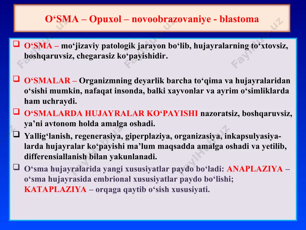 sabablari 1) xavfsiz. 2) xavfli. 3) maxalliy o‘suvchi gistogenetik xususiyati bo‘yicha: i. a’zolarga xos bo‘lmagan epiteliy o‘smalari. ii. a’zolarga xos epiteliy o‘smalari. iii. mezenximal o‘smalar. iv. melaninli to‘qima o‘smalari. v. nerv tizimi va miya pardalari o‘smalari. vi. qon tizimi o‘smali kasalliklari. vii. teratomalar o‘smalarning turlari va tasnifi o‘smalarning nomlanishi to‘qima xavfsiz xavfli epiteliy polip adenoma papilloma rak kanser karsinoma saraton mezenximal to‘qimalar to‘qima va hujayraning lotincha nomiga +oma to‘qima va hujayraning lotincha nomiga +sarkoma nerv to‘qimasi hujayralar nomiga +oma + blastoma melaninli to‘qima nevus melanoma qon yaratuvchi va limfoid to‘qima yo‘q limfosarkoma, limfoma, leykoz * xavfsiz va xavfli o‘smalarning farqi xavfsiz xavfli 1.yetilgan, tipik hujayralardan o‘sadi 1.yetilmagan, atipik hujayralardan o‘sadi 2.o‘sishi sekin, chegarali - ekspansiv 2.o‘sishi tez, chegarasiz – infiltrativ 3.to‘qima atipizmi xos 3. to‘qima atipizmi mavjud 4. yo‘q 4. hujayra atipizmi xos 5. yo‘q 5. metastazlar beradi 6. yo‘q 6. residiv beradi 7. mahalliy ta’sir ko‘rsatadi 7. ham mahalliy, …