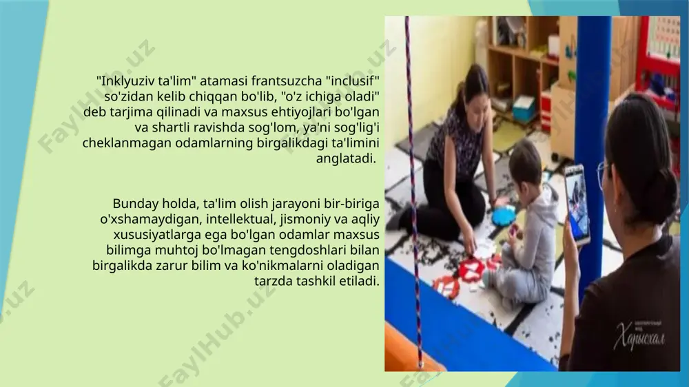 osati amalga oshirilmoqda. nogiron bolani oddiy sharoitga joylashtirish integrasiyaga qarab qo'yilgan birinchi qadamdir. inklyuziv ta'lim ijtimoiy modelga asoslanadi va u muammoni bolada emas, balki dastur va metodologiyada deb hisoblaydi. psixologik yordamning ikki turi mavjud: tez hal qilishni talab qiladigan turli muammolarni hal qilishni nazarda tutuvchi dolzarb yo‘nalish; har bir bolaning individualligini rivojlantirish uchun turli muammolarni hal qilishni nazarda tutuvchi istiqbolli yo‘nalish (kelajak uchun maqsad). bunday ta'lim tizimiga ba'zi bir o'zgartirishlar kiritishni taqazo etadi. bunda har bir bolaning ehtiyojini hisobga olgan holda o'quv rejalari tayyorlanadi, uslubiyotning psixologik muammolari bilan bog'liq tomonlari to'g'ri yo'lga qo'yiladi. inklyuziv ta'lim hamma bolalarni, shu jumladan, nogiron bolalarni ham o'zlari xohlagan maktabda o'qishi mumkin, deb xulosa chiqaradi. bolaning nogiron bo'lib qolishiga jamiyat, undagi muhit, tushunmovchiliklar, yo'l qo'yilgan xatolar sababchi bo'lgan. demak, uning o'qishi uchun ham shu jamiyatning o'zi jon kuydirishi shart. inklyuziv ta’lim maktabidagi psixolog faoliyatida 4 ta asosiy ish yo‘nalishi belgilangan: rivojlanishida muammolari bo‘lgan bolalar bilan …