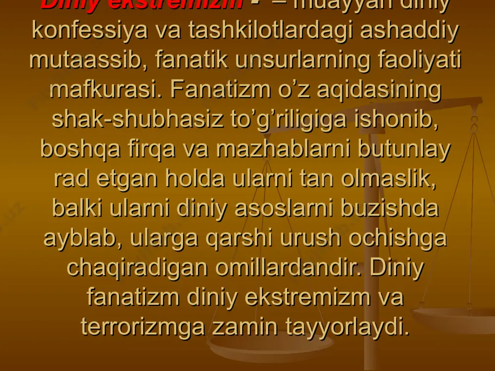siy qonunimizda yana shu narsa qat’iy qilib belgilab qo’yilganki, konstitutsiyaviy tuzumni zo’rlik bilan o’zgartirishni maqsad qilib qo’yuvchi, respublikaning suvereniteti, yaxlitligi va xavfsizligiga, fuqarolarning konstitutsiyaviy huquq va erkinliklariga qarshi chiquvchi, urushni, ijtimoiy, milliy, irqiy va diniy adovatni targ’ib qiluvchi, xalqning sog’lig’i va ma’naviyatiga tajovuz qiluvchi, shuningdek, harbiylashtirilgan birlashmalarning, milliy va diniy ruhdagi siyosiy partiyalarning hamda jamoat birlashmalarining tuzilishi va faoliyati taqiqlanadi (57-modda). o’zbekistonga nisbatan islom fundamentalizmining tahdidi aqidaparastlikni yoyish, bu yo’l bilan musulmonlarni islohotchi davlatga ishonchini yo’qotishga urinishda o’zini namoyon etmoqda. bunday guruhlar mustahkamlanib borayotgan umummilliy birdamlik va hamjihatlik, millatlar va fuqarolararo totuvlikka rahna solishga harakat qilmoqdalar. demokratiya va dunyoviy davlat tushunchalarini, e’tiqod erkinligiga asoslangan ko’p konfessiyali dunyoviy jamiyatni obro’sizlantirishga yo’naltirilgan sa’y-harakatlarni amalga oshirmoqdalar. prezidentimiz ta’kidlaganidek, «eng avvalo, jamiyat, guruh, alohida shaxs ma’naviy hayotining muayyan sohasi bo’lgan din umuminsoniy axloq me’yorlarini o’ziga singdirib olgan, ularni jonlantirgan, hamma uchun majburiy xulq-atvor qoidalariga aylantirgan. binobarin din odamlarda ishonch hissini mustahkamlagan. ularni poklab, yuksaltirgan. …