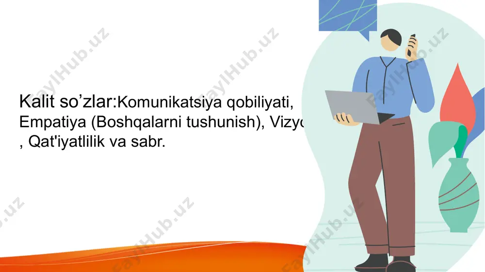 zifalarini va qarorlarini to‘liq mas'uliyat bilan bajarishi kerak. u o‘z xatolarini tan olishni va ulardan o‘rganishni biladi. boshqalarni o‘ziga ishonch hosil qilishi uchun mas'uliyatni o‘z zimmasiga olishi lozim. komunikatsiya qobiliyati yetakchi aniq va samarali muloqot qilishni bilishi kerak. bu nafaqat gaplashish, balki tinglashni ham o‘z ichiga oladi. tushunarli va ta'sirli ravishda fikr bildirish, o‘z g‘oyalarini ifodalash, va boshqalarning fikrlarini qabul qilish yetakchining muvaffaqiyatli bo‘lishi uchun zarur. empatiya (boshqalarni tushunish) yetakchi boshqalarning his-tuyg‘ularini va ehtiyojlarini tushunib, ular bilan hamdard bo‘lishi kerak. bu fazilat jamoa a'zolarini rag‘batlantirishda va muammolarni hal qilishda muhim rol o‘ynaydi. empatiya (boshqalarni tushunish) yetakchi boshqalarning his-tuyg‘ularini va ehtiyojlarini tushunib, ular bilan hamdard bo‘lishi kerak. bu fazilat jamoa a'zolarini rag‘batlantirishda va muammolarni hal qilishda muhim rol o‘ynaydi. qaror qabul qilish qobiliyati yetakchi tez va aniq qarorlar qabul qilishi zarur. qarorlar nafaqat hozirgi holatga, balki kelajakdagi natijalarni ham hisobga olgan holda qabul qilinadi. vizyon (kelajakni ko‘ra olish) yetakchi kelajakni yaxshi …