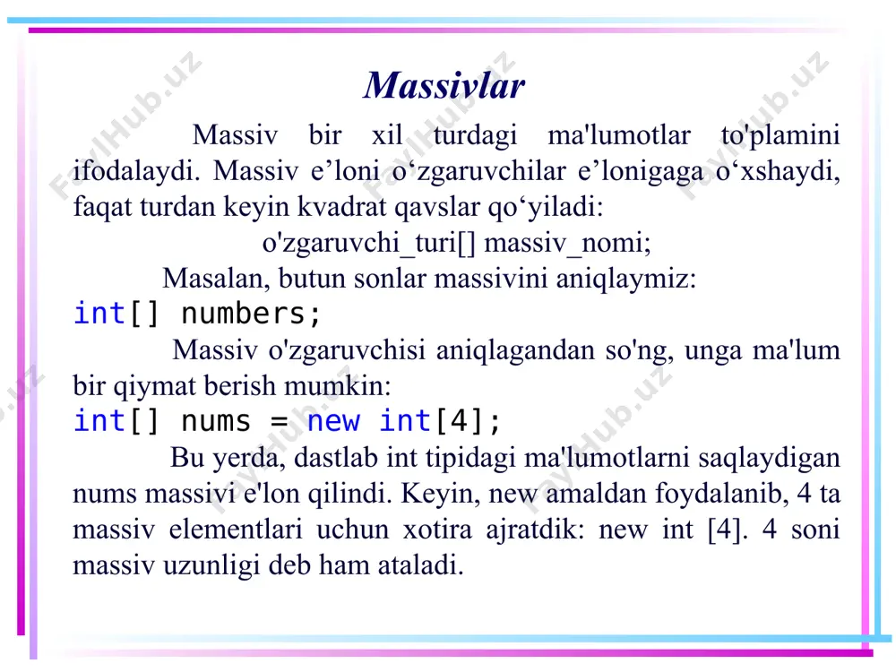 { 1, 2, 3, 5 }; //massivning ikkinchi elementini o'zgartirish numbers[1] = 505; console.writeline(numbers[1]); // 505 demak, yuqorida faqat 4 ta element uchun massiv belgilanganligi sababli, masalan, oltinchi elementga murojaat qilib bo’lmaydi. agar buni qilishga harakat qilinsa, kompilyatsiya vaqtida xatolik yuz beradi: int[] numbers = { 1, 2, 3, 5 }; console.writeline(numbers[6]); // ! xatolik - massivda faqat 4 ta element mavjud 5 massivlar length xususiyati va massiv uzunligi har bir massiv uning uzunligini saqlaydigan length xususiyati mavjud. masalan, yuqorida e’lon qilingan numbers massivinig uzunligini olish uchun quydagicha amal bajariladi: int[] numbers = { 1, 2, 3, 5 }; console.writeline(numbers.length); // 4 ya’ni, massiv uzunligini olish uchun nuqta bilan ajratilgan massiv nomidan keyin length xususiyati keltiriladi: numbers.length. 6 massivlar massiv oxiridan element olish length xossasi tufayli massivning oxirgi elementi indeksini hisoblash mumkin - bu massiv uzunligi - 1. masalan, agar massiv uzunligi 4 bo'lsa (ya'ni massiv 4 ta elementga ega) …