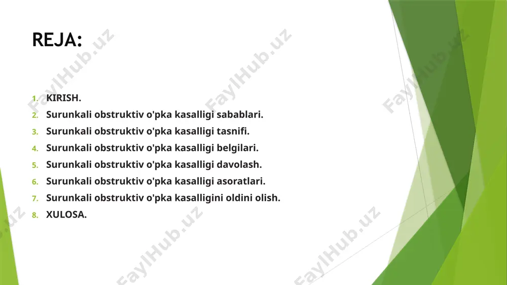 kning rivojlanishiga olib keladi. surunkali obstruktiv o'pka kasalligi sabablari: surunkali obstruktiv o'pka kasalligining asosiy sababi - odatda tamaki tutuniga, shu jumladan begona tutunga yoki zaharli moddalarga qarshi yallig'lanish ta'siridan kelib chiqqan havo oqimini cheklanishidir. kasallikning rivojlanishining boshqa sabablari: atrof-muhitning noqulay sharoitlari (havoning sanoat chiqindilari, chiqindi gazlar, tutun, chang va boshqalar bilan ifloslanishi), kasbiy faoliyat (shaxtalarda, kimyoviy zavodlarda, issiq do'konlarda ishlash), iqlim sharoiti (yuqori namlik), yuqumli bakteriyalar (mikoplazmalar, pnevmokokklar, gemofilus grippi, gripp viruslari, adenoviruslar va boshqalar). surunkali obstruktiv o'pka kasalligi rivojlanishining xavfli omillariga alfa-1-antitripsin yetishmovchiligi, yuqori darajadagi immunoglobulin ige, kasallikning oilaviy xususiyati, genetik moyillik (qon guruhi a (ii), iga yetishmasligi) kiradi. surunkali obstruktiv o'pka kasalligi rivojlanishi uchun bir necha yil kerak bo'ladi. odatda, birinchi alomat 40 dan 50 yoshgacha bo'lgan chekuvchilarda rivojlanadigan yo'taldir. ko'pgina bemorlar 20 yildan ortiq vaqt davomida kuniga 20 dan ortiq sigaret chekishadi. kuchayishlar va qo'shni kasalliklar kasallikning ajralmas qismi bo'lib, klinik ko'rinish va prognozga katta hissa qo'shadi. …