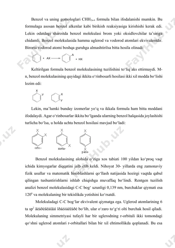 odorod atomlari ekvivalentdir. birorta vodorod atomi boshqa guruhga almashtirilsa bitta hosila olinadi: keltirilgan formula benzol molekulasining tuzilishini to‘liq aks ettirmaydi. m-n, benzol molekulasining quyidagi ikkita o‘rinbosarli hosilasi ikki xil modda bo‘lishi lozim edi: lekin, ma’lumki bunday izomerlar yo‘q va ikkala formula ham bitta moddani ifodalaydi. agar o‘rinbosarlar ikkita bo‘lganda ularning benzol halqasida joylashishi turlicha bo‘lsa, u holda uchta benzol hosilasi mavjud bo‘ladi: benzol molekulasining alohida o‘ziga xos tabiati 100 yildan ko‘proq vaqt ichida kimyogarlar diqqatini jalb etib keldi. nihoyat 30- yillarda eng zamonaviy fizik usullar va matematik hisoblashlarni qo‘llash natijasida hozirgi vaqtda qabul qilingan tushuntirishlarni ishlab chiqishga muvaffaq bo‘lindi. rentgen tuzilish analizi benzol molekulasidagi c-c bog‘ uzunligi 0,139 nm, burchaklar qiymati esa 1200 va molekulaning bir tekislikda yotishini ko‘rsatdi. molekuladagi c-c bog‘lar ekvivalent qiymatga ega. uglerod atomlarining 6 ta sp2 ãèáðèäëàíãàí îðáèòàëëàðè bo‘lib, ular o‘zaro to‘g‘ri olti burchak hosil qiladi. molekulaning simmetriyasi tufayli har bir uglerodning r-orbitali ikki tomondagi qo‘shni …