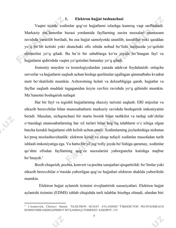 ozish vositalari yordamida yozib olingan tovushli axborot. • tasvirli hujjatlar. fotosurat, rang tasvir mahsuli. elektron hujjat o‘zbekiston respublikasining "elektron hujjat aylanishi to‘g"risida"gi 2004 yil 29 apreldagi 611-ii son qaroriga binoan quyidagicha ta’riflanadi. elektron shaklda qayd etilgan, elektron raqamli imzo bilan tasdiqlangan va elektron hujjatning uni identifikatsiya qilish (tanib olish) imkoniyatini beradigan boshqa rekvizitlariga (ma’lumotlarga) ega bo‘lgan axborot elektron hujjatdir. elektron hujjat elektron hujjat aylanishi ishtirokchilarining mazkur hujjatni idrok etish imkoniyatini inobatga olgan holda yaratilishi kerak. odatda hujjatlarni an’anaviy tarzda almashish jarayonida pochta xizmati muhim rol o‘ynaydi. chunki pochta xizmatining asosiy vazifas jo‘natmalarni o‘z manzillariga etkazib berishdan iboratdir. ushbu holatda hujjatlar konvertga solinadi va aloqa bo ‘limiga topshiriladi. shundan so‘ng pochta xizmati xodimlari tomonidan hujjat kerakli manzilga jo‘natiladi va yetkaziladi. 2. elektron hujjatning ahamiyati va muhim dasturlar elektron hujjatlarni almashish tizimi esa an’anaviy hujjat almashish tizimidan biroz farq qilinadi. bunda hujjat elektron ko‘rinishda kompyuter, telekommunikatsiya va internet tarmog ‘i orqali uzatiladi. …