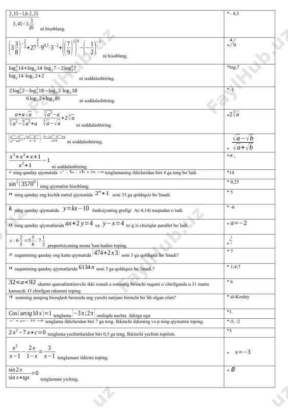 shilgan 8-sinf algebra o’quv dasturidagi “taqribiy hisoblar” mavzusidan nechasoat qisqartirilgan? *4 soat 9-sinf o’quv dasturida necha soat hajmdagi mavzular optimallashtirildi? *8 a (-2; 3), a1 nuqta ox o’qiga nisbatan a nuqtaga simmetrik, a2 эса oy o’qiga nisbatan a1 nuqtaga simmetrik nuqta. a2 nuqtaning koordinatalarini toping? *(2; -3); a (-2; 3), a1 nuqta ox o’qiga nisbatan a nuqtaga simmetrik, a2 эса oy o’qiga nisbatan a1 nuqtaga simmetrik nuqta. a2 nuqtaning koordinatalarini toping? *(2; -3); a (-2; 3), a1 nuqta ox o’qiga nisbatan a nuqtaga simmetrik, a2 эса oy o’qiga nisbatan a1 nuqtaga simmetrik nuqta. a2 nuqtaning koordinatalarini toping? *(2; -3); a qаndаy qo`lsа, o`rinli qo`lаdi? *; a қандай бўлса, ўринли бўлади? * a нинг қандай қийматида тенгламалар системаси ечимига эга эмас. *4 a нинг қандай қийматида параболанинг учи м(2;4) нуқтада ётади? *4 a(–3; 8; ) nuqtadan ox o’qqacha bo’lgan masofani toping. * 19 a(4;4) va b(8;8) vektorlar orasidagi burchakni toping. * …