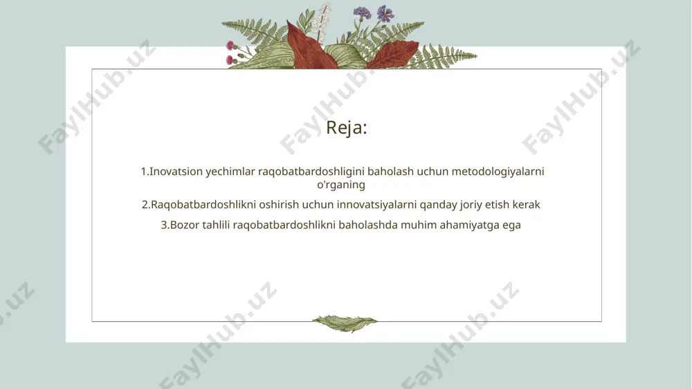 a so'rovlar yordamida aniq tasavvur hosil qilinadi. • raqobat analizi - raqobat analizi raqobatchilar strategiyalarini ko'rish va ularga nisbatan o'z istiqboldagi pozitsiyalarini belgilashda yordam beradi. • natijalar va tavsiyalar - bozor tahlilining natijalari korxonaning raqobatbardoshligini oshirish uchun tavsiyalar beradi. o'zgarishlar strategik qarorlar qabul qilishga yo'naltiriladi. innovatsion yechimlar samaradorligini o'lchash uchun ko'rsatkichlar belgilang • ma'lumotlar tahlili - innovatsion yechimlarning samaradorligi uchun ma'lumotlar tahlili muhim ahamiyatga ega. o'lchovlar natijalarini muntazam tahlil qilish va ularni statistik metodlar bilan baholash zarur. • maqsadga erishish - yechimlarning samaradorligini baholashda belgilangan maqsadlarning amalga oshirilishi o'lchov sifatida qo'llaniladi. maqsadga erishish darajasi yechimning muvaffaqiyatini ko'rsatadi. raqobatbardosh strategiyalarni ishlab chiqishda innovatsiyalarni hisobga oling • innovatsion yondashuvlar - raqobatbardosh strategiyalar yaratishda innovatsion yondashuvlar zarur. ular kompaniyalar uchun bozor ta'sirini oshirishga yordam beradi. • texnologik yangiliklar - texnologik yangiliklar raqobat o'yinini o'zgartiradi. ularning qo'llanilishi samaradorlikni oshiradi. • mijoz ehtiyojlari - mijozlarning ehtiyojlarini inobatga olish strategiyalarning muvaffaqiyatida muhim rol o'ynaydi. innovatsiyalar bu …