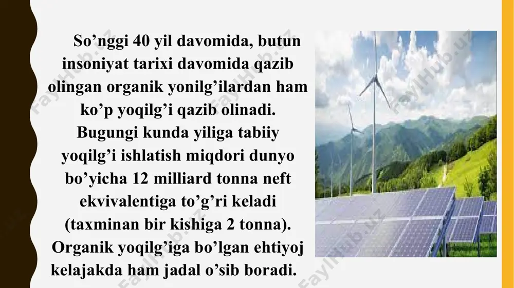 ol oqimining solishtirma quvvati o’rtacha 84,0 vt/m2bo’lib, andijon viloyatida – 20,0 vt/m2 va navoiy viloyatida – 104,0 vt/m2 ni tashkil etadi. biomassa energiyasi va ekologik yoqilg’ilarning boshqa turlari. biogaz texnologiyalari. chorvachilik chiqindilari (go’ng, go’ng suyugi, ozuqa chiqindilari) atrof-muhitni ifloslantiradi. yangi go’ngning dalalarga chiqarilishi yer osti suvlari va atmosferaning zaharlanishiga, tuproqlarning zararli mikroorganizmlar bilan ifloslanishiga olib keladi. bundan tashqari, go’ng chirishi davomida atmosferaga ko’p miqdorda, yani bir tonna quruq go’ng uchun 300-400 m3 hisobida metan gazi ajralib chiqadi. 1 tonna metan gazining atmosferaga chiqarilishi 21 tonna karbonat angidrid chiqarilishiga teng. qishloq xo’jalik chiqindilariga: paxtachilikda-g’o’zapoya, g’allachilikda somon va pohol, chorva va parrandachilikda –organik chiqindilar (go’ng) kiradi yiliga aholi jon boshiga 1-2 m3 deb qabul qilingan qattiq maishiy chiqindilar (qmch)ning o’rtacha meyoriga muvofiq, bir yilda faqatgina aholidan chiqqan chiqindilarning yig’ilish xajmi 10991,5ming m3 ni tashkil etmoqda. aholi yashash punktlaridagi jamoat tashkilotlarini hisobga olganda bu ko’rsatgichlar mos ravishda 1,5 m3 va 13739,4 ming m3ni …
