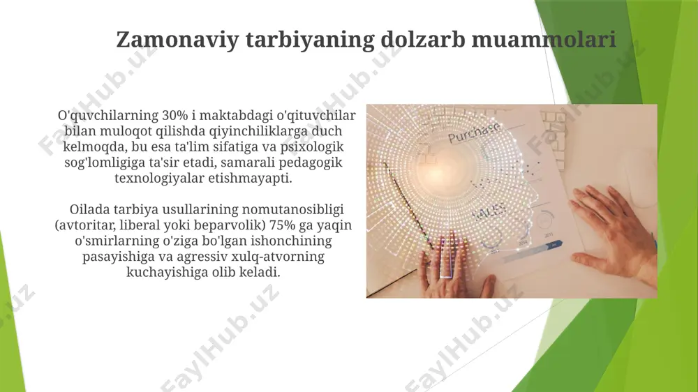 elajakdagi 5 yil ichida ta'lim tizimida sun'iy intellekt texnologiyalaridan foydalanish 30% ga oshishi va o'quv jarayonini individualizatsiyalashga olib kelishi kutilmoqda. 2030-yilga kelib, bolalarning raqamli savodxonligi darajasini oshirish maqsadida, 90% maktablarda interaktiv o'quv dasturlari va texnologiyalaridan foydalanish keng tarqalishi kutilmoqda. maktab tarbiyasining roli мактаб тарбияси жамиятнинг асосий қонунлари ва нормаларини ўргатиш, 12 тадан ортиқ фавқулодда вазиятларда ўзини тутиш кўникмаларини шакллантириш орқали жамиятга мослашишга ёрдам беради. мактаб тарбиясидаги муаллимларнинг касбий малакаси ва ўқув жараёнининг самарадорлиги таълимнинг сифатига 30% гача таъсир кўрсатади, бу эса ўқувчиларнинг келажакдаги муваффақиятларига бевосита таъсир этади. jamoatchilik tarbiyasining ta’siri jamoatchilik tarbiyasi shaxsning ijtimoiylashuv darajasiga 20-30% ta'sir ko'rsatib, axloqiy-ma'naviy qadriyatlarni singdirishda muhim rol o'ynaydi. o'zbekiston respublikasining "ta'lim to'g'risida"gi qonuniga asosan, jamoatchilik tarbiyasi ta'limning integratsion tarkibiy qismi bo'lib, 50 dan ortiq o'quv dasturlarida aks etadi. e'tiboringiz uchun rahmat @taqdimot_robot image1.jpg image2.jpg image3.jpg image4.jpg image5.jpg image6.jpg image7.jpg image8.jpg image9.jpg image10.jpg image11.jpg image12.jpg image13.jpg image14.jpg image15.jpg image16.jpg image17.jpg