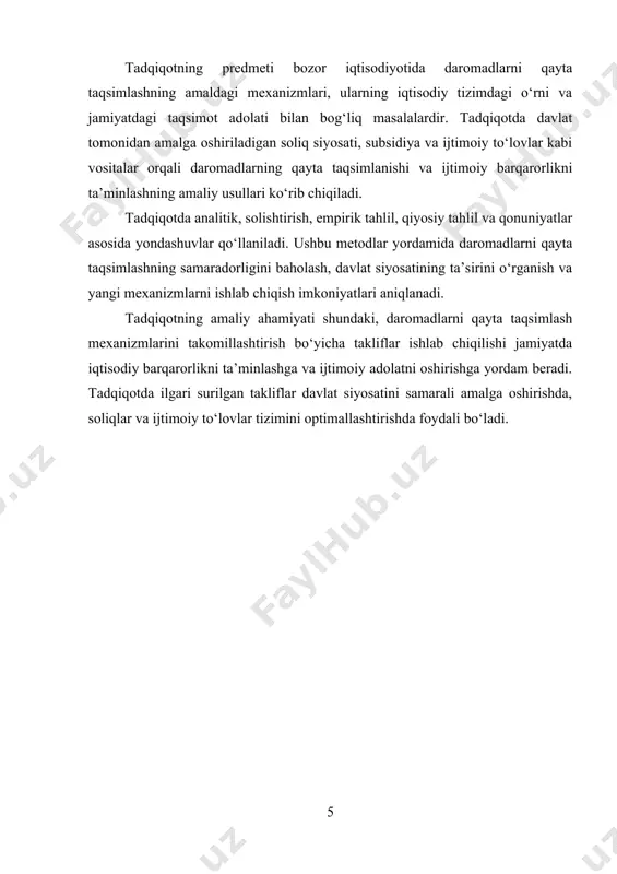 aydi. bu yondashuvga ko'ra, daromadlar ishlab chiqarish jarayonining natijasi bo'lib, ular ishlab chiqaruvchi resurslar (mehnat, kapital, yer, tadbirkorlik)ni taqsimlashga yordam beradi. klassik iqtisodchilarning fikricha, daromadlar shaxsiy va ijtimoiy farovonlikning asosiy mezonidir. keyingi iqtisodiy yondashuvlar esa daromadlarni nafaqat ishlab chiqarishning natijasi, balki ijtimoiy taqsimotning muhim vositasi sifatida ko'radi. modern iqtisodiy nazariyalar daromadlarni o'zgaruvchan, ko'plab omillar ta'sirida shakllanadigan, murakkab tizim sifatida tasavvur etadi. masalan, makroiqtisodiy sharoitlar, mehnat bozori, texnologik o'zgarishlar, davlatning iqtisodiy siyosati va xalqaro iqtisodiy aloqalar daromadlarni shakllantirishda muhim rol o'ynaydi. daromadlar, shuningdek, ijtimoiy tenglik, adolat, va iqtisodiy barqarorlikka erishishda ham o'ziga xos rol o'ynaydi. davlat daromadlarni qayta taqsimlash orqali jamiyatdagi iqtisodiy va ijtimoiy tengsizliklarni kamaytirishga harakat qiladi. bu jarayonda soliqlar, ijtimoiy to'lovlar, subsidiya va boshqa vositalar orqali daromadlarning qayta taqsimlanishi amalga oshiriladi. shuningdek, davlatning iqtisodiy siyosati orqali daromadlarni boshqarish va ularni teng taqsimlash jamiyatdagi barqarorlikni ta'minlashga yordam beradi.[footnoteref:2] [2: ibragimova, m.m. soliq tizimi va uning samaradorligi / m.m. ibragimova. — …