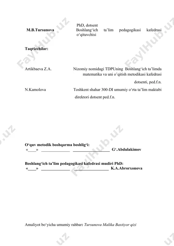 eradi va kelgusidagi pedagogik va kasbiy faoliyati uchun fundamental asos bo‘lib xizmat qiladi. malakaviy pedagogik amaliyotining zarurati malakaviy pedagogik amaliyoti davomida amaliyotchi-talabalar umumiy o‘rta ta’lim muassasasining ijtimoiy muhiti, ta’lim muhiti, muassasa subyektlari o‘rtasidagi munosabatlar, ota-onalar va ularning o‘rnini bosuvchilar bilan ishlash prinsiplari, mediasavodxonlik va boshqalar to‘g‘risida amaliy ko‘nikmalar xosil qilishlari lozim. talabalar muassasa rahbariyatining ish yuritish jarayonlari, boshqaruvchilik faoliyati, fan o‘qituvchilarining dars davomida o‘quvchilar bilan hamda sinf rahbarining tarbiyaviy faoliyat yuzasidan o‘quvchilarga munosabatlari, me’yoriy hujjatlari bilan tanishishlari kerak. amaliyotning maqsadi – bo‘lajak ingliz tili o‘qituvchilarining amaliy-kasbiy ko‘nikalarini shakllantirish va pedagogik faoliyatga tayyorlash. amaliyotning vazifasi – talabalarni ta’lim muhitiga moslashtirish, ko‘nikmalarini shakllantirish, nazariy olingan bilimlarni mustaxkamlash, rivojlantirish; o‘quv jarayonini yo‘lga qo‘yish bo‘yicha o‘quv me’yoriy hujjatlar bilan tanishtirish; ta’lim muassasalaridagi ta’lim-tarbiya jarayonining hususiyatlari to‘g‘risida tasavvurni shakllantirish; talabalarda mediasavodxonlikni rivojlantirish; talabalarda kommunikativ qobiliyatlarni rivojlantirish va boshqalar. amaliyot yakunida natijadorlik: - o‘quvchilarning o‘zaro va pedagoglar bilan munosabatlari, o‘quvchilarning yosh xususiyatlari to‘g‘risida; - ota-onalar murojaatlari …