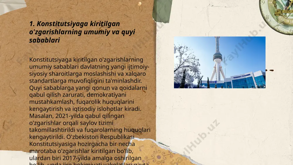 ilaydi. ... t.me/slaydai_bot 5. konstitutsiyaviy islohotlarning asosiy yo‘nalishlariga ko‘ra, o‘zbekiston konstitutsiyasida inson huquqlari va erkinliklarini yanada kuchaytirish, davlat boshqaruvi tizimini takomillashtirish kabilar kiradi. ushbu islohotlar doirasida, parlament vakolatlarini kengaytirish, oliy majlisning roli va masʼuliyatini oshirish, sud hokimiyatini mustahkamlash, huquqiy davlat tamoyillarini rivojlantirish maqsad qilingan. bundan tashqari, iqtisodiy islohotlarni qo‘llab-quvvatlash uchun raqobatbardosh iqtisodiyot qurish, davlat xizmati tizimini samarali qilish kabi maqsadlar ko‘zda tutilgan. ushbu yo‘nalishlar mamlakatda huquqiy, siyosiy va iqtisodiy barqarorlikni ta’minlash uchun xizmat qilishi rejalashtirilgan. ... t.me/slaydai_bot o'zbekistonda konstitutsiyaviy o'zgartirishlar inson huquqlarini himoya qilish va rivojlantirish maqsadida amalga oshiriladi. 2023-yilda o'tkazilgan referendumsiy zamonaviy o'zgarishlarni ko'zda tutdi, masalan, sud mustaqilligini kuchaytirish hamda matbuot erkinligi va yig'ilish erkinligini kengaytirishga qaratilgan qoidalarni mustahkamladi. bundan tashqari, konstitutsiyaning 26-moddasida inson qadr-qimmati va huquqlarini himoya qilish kafolati mustahkamlangan. ushbu o'zgartirishlar xalqaro inson huquqlari standartlariga moslashishga qaratilgandir. shuningdek, gender tenglik, bolalar huquqlari va nogironlarni qo'llab-quvvatlash masalalari ham yangi konstitutsiyaviy qoidalar orqali ko'rib chiqilgan, bu esa davlatning inson …