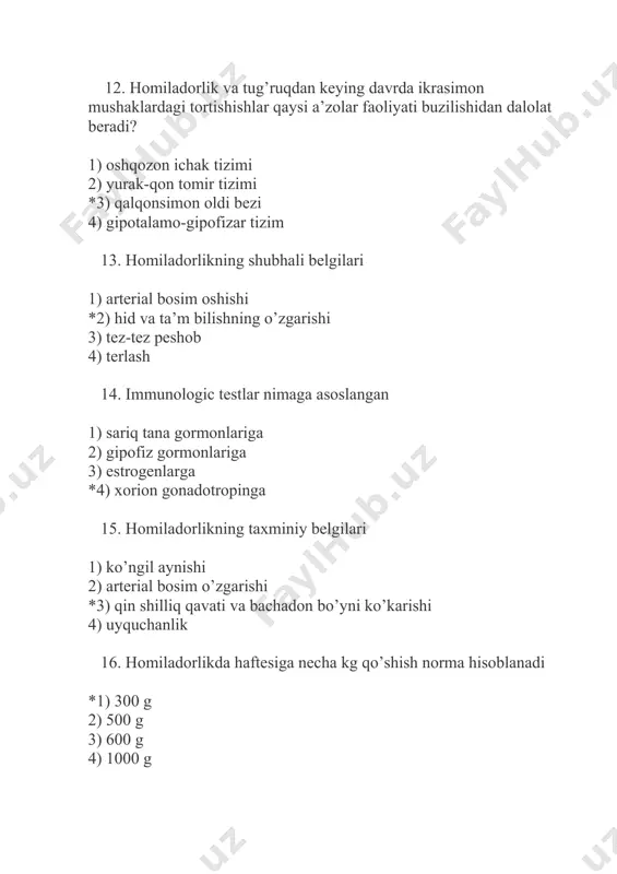 ori-ichki yuzasi 27. tug’ruq bo’limining sifatsizlik ko’rsatkichi *1) tirik tug’ilish 2) onalar kasallanishi va o’limi 3) perinatal kasallanish va o’lim 4) ona va bolaning tug’ruq jarohatlari 28. yetilgan bola boshining qiyshiq o’lchamlarini ko’rsating *1) kichik qiyshiq o’lchami -8,5 sm 2) kichik qiyshiq o’lchami - 9,5 sm 3) kata qiyshiq o’lchami -13,5 sm 4) o’rta qiyshiq o’lchami -10 sm 29. kichik chonoqqa kirish qismining chegaralari 1) dumgaza do’mbog’i va qovning ichki qismi 2) nomsiz chiziq va qov birikmasi 3) dumg’aza do’mbog’i va qov birikmasining ichki yuzasi *4) nomsiz chiziq va qov birikmaning yuqori qirrasi 30. kichik chanoq kirish qismining old chegarasi *1) qov birikmasi 2) dumg’aza bo’rtig’i 3) qov yoyining ichki yuzasi 4) nomsiz chiziq perinatal yordam asoslari. homiladorlik erta va kechki muddatlari diagnostikasi. homila ahvolini baholash. akusherlik asoratlarini oldini olishda oilaviy poliklinikaning o'rni. sheriklik tug`ruqqa tayyorgarlik. onalar maktabi. mavzu bo'yicha o'rgatuvchi nazorat testlar: 1. maxsus akusherlik-ginekologik tekshirishlarning usullarini ayting 1. …