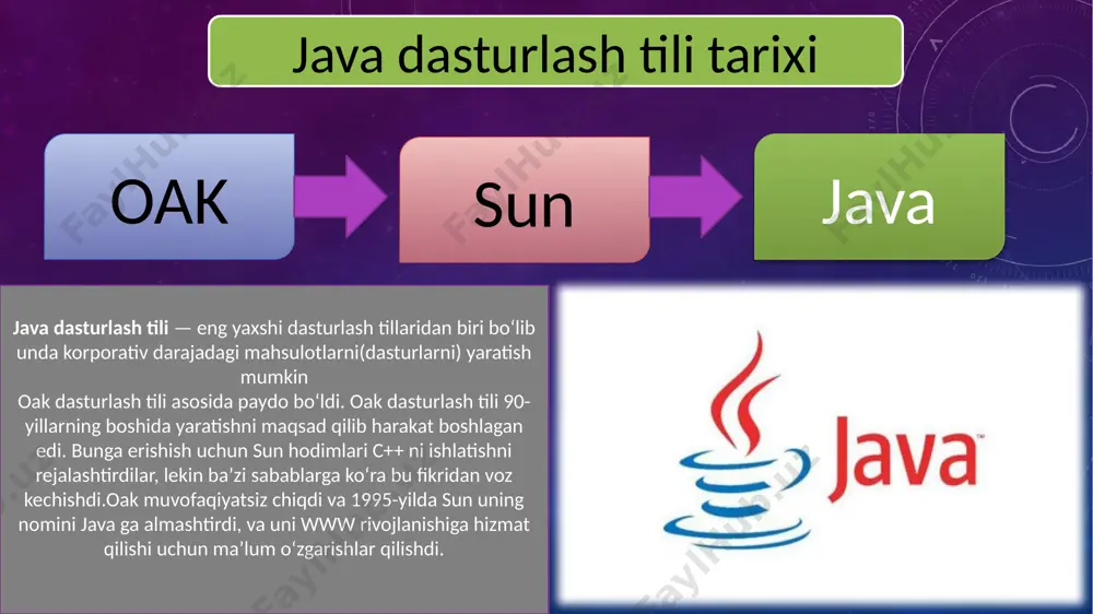 qilib aytganda javani o’rnatish darajasi 3 guruhga bo’linadi: java yadrosi (core java) rivojlangan java (advanced java) java interprice edition java dasturlash tilining versiyalari 1 3 j2se 1.2 (1998) 9 6 7 8 jdk 1.1 (1997) 2 5 jdk alpha va beta (1995) jdk 1.0 (1996) j2se 1.3 (2000) j2se 1.4 (2002) j2se 5.0 (2004) java se 6 (2006) java se 7 (2011) 4 10 java se 8 (2014) xulosa java dasturlash tili hozirgi kunda keng foydalaniladigan dasturlash tili hioblanib,u hozirgi kunda jahon reytingida top uchtalikka kiradi.uning imkoniyatlari keng ko’lamda bo’lib barcha sohalarda foydalaniladi. foydalanilgan adabiyotlar 8 va 9-sinf darsligi kollej va letsey dasligi satorov axborot –kommunikatsiya texnologiyalari va tizimlari enternet hizmati(google,opera,yandex) e’tiboringiz uchun rahmat image3.png image4.jpg image5.jpeg image6.jpeg image7.jpg image8.jpg image9.jpg image10.jpg image11.jpg image12.png image13.jpeg image14.jpg image15.jpg image16.jpg image17.jpg image18.png image19.jpg image20.png image21.jpg image22.jpg image23.jpg