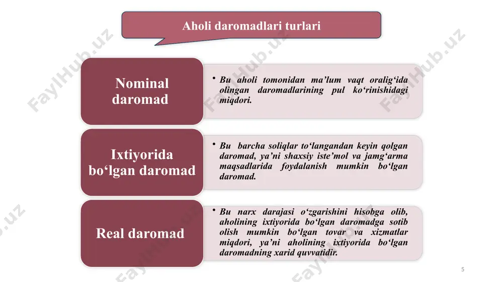 mahsulotlari va nooziq-ovqat mollari asosiy turlari iste’molini muayyan darajada saqlab turish. 3-yo‘nalish aholining kam ta’minlangan tabaqalarini ijtimoiy himoyalash va qo‘llab - quvvatlash borasida kuchli chora-tadbirlar o‘tkazish. ijtimoiy to’lovlar – kam ta’minlanganlarga pul yoki natural yordam ko’rsatishga qaratilgan tadbirlar tizimi bo’lib, bu ularning iqtisodiy faoliyatda qatnashishi bilan bog’liq bo’lmaydi. ijtimoiy to’lovlar maqsadi jamiyatdagi munosabatlarni insonparvarlashtirish hamda ichki talabni ushlab turish hisoblanadi. aholi real daromadlari darajasiga inflyatsiya sezilarli ta’sir ko’rsatishi sababli daromadlarni davlat tomonidan tartibga solishning muhim vazifasi iste’mol tovarlari narxlari o’sishini hisobga olish va daromadlarni indeksatsiyalash, ya’ni nominal daromadlarni narxlar o’sishiga bog’liqlikda oshirib borish hisoblanadi. pensiya bilan nafaqaning farqi pensiya – qonun tomonidan kafolatlangan va fuqarolarni keksaligida, qisman yoki to‘liq mehnatga layoqatsizligi, boquvchisini yo‘qotganda hamda mehnat faoliyatining muayyan sohasida ma’lum ish stajiga erishgan paytida ta’minlashga qaratilgan pullik to‘lovdir. nafaqa – fuqarolarga qonunchilikda ko‘zda tutilgan hollarda qisman yoki to‘liq mehnatga layoqatsizlik, og‘ir moddiy sharoit, bolali oilalarni qo‘llab-quvvatlash, shuningdek qarindoshlaridan biri vafot etgan …