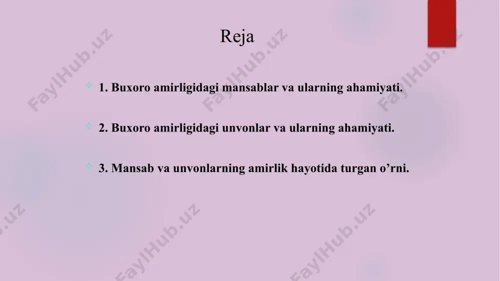 ib borgan. uchinchi “daftardor”. katta devondagi tanhodor va suyurg`ol egalarini ishdan olish va amalga qo`yish tartibini nazorat qilgan. to`rtinchi “devoni tanobona”. bahorgi va kuzgi ekinlardan tushadigan xiroj, kirim-chiqim va xarajat ishlarini olib borgan. beshinchi toifa amaldorlar va mansablariga “munshi”- amir inoyatnomalari, duo va salomi, istaklarini yozib, o`qib borgan. umarolarning mansablari quyidagicha bo`lgan. bu amallar sohiblarining amir huzurida alohida o`rinlari bo`lgan. i. “otaliq”. buxoroi sharif suvining idorasi, samarqanddan - qorako`lgacha bo`lgan suv taqsimoti uning qo`lida bo`lgan. buxoro mirobligi va dorug`aligi ham uning vazifasiga kirgan. ii. ”devonbegi kalon” – katta devonbegi. viloyat xirojining hisob-kitobi uning zimmasida bo`lgan. davlat hisobidan to`shakxona mehtariga, g`alla zahirasidan amlokdorga, “devoni kalon”, devoni tanobxonaga daftarlarga muvofiq xarajatlarni bergan. qorako`l mirobligi ham devonbegi qo`lida bo`lgan. iii. ”parvonachi”. amir farmoniga binoan uning yorliqlarini ulamolar va zodagonlarga yetkazgan. arabxona jamoasining rahbarligi ham uning zimmasida bo`lgan. iv. “dodxoh” – mazlumlar arz-dodlarini podshohga yetkazib, javobini qaytargan. amir ijozati bilan ba`zan o`zi ham arizalarni …