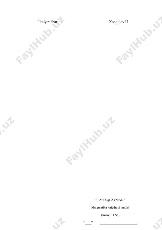 .1 limit teoremalari 1.2 ba’zi muxim taqsimotlar ii. bob ehtimollae nazariyasining limit teoremalari 2.1 chebishev tengsizligi, kata sonlar qonuni. chebishev va bernulli teoremalari 2.2 markaziy limit teoremalari xulosa foydalanilgan adabiyotlar kirish kelajagimiz poydevori bilim dargohlarida yaratiladi, boshqacha aytganda, xalqimizning ertangi kuni qanday bo‘lishi farzandlarimizning bugun qanday ta’lim va tarbiya olishiga bog‘liq. shuning uchun ham mustaqillikning dastlabki yillaridanoq butun mamlakat miqyosida ta’lim va tarbiya, ilm-fan, kasb-hunar o‘rgatish tizimlarini tubdan isloh qilishga nihoyatda katta zarurat sezila boshladi. ta’lim-tarbiya tizimidagi islohotlar boshlangan dastlabki yillarda men jahon tajribasi va hayotda o‘zini ko‘p bor oqlagan haqiqatdan kelib chiqib, agar bu maqsadlarimizni muvaffaqiyatli ravishda amalga oshira olsak, tez orada hayotimizda ijobiy ma’nodagi «portlash effekti» ga, ya’ni, yangi ta’lim modelining kuchli samarasiga erishamiz, degan fikrni bildirgan edim. darhaqiqat, istiqlol davrida barpo etilgan, barcha shart-sharoitlarga ega bo‘lgan akademik litsey va kasb-hunar kollejlari, oliy o‘quv yurtlarida tahsil olayotgan, zamonaviy kasb-hunar va ilm-ma’rifat sirlarini o‘rganayotgan, hozirdanoq ikki-uch tilda bemalol gaplasha …
