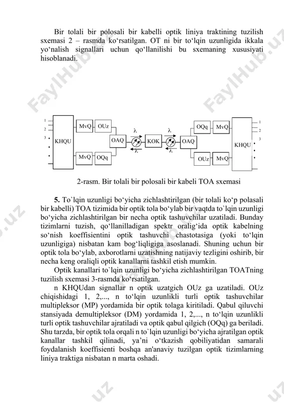an /4 fn omn guruhli optik signal axborot manbai axborot manbai ko‘zgu iii. to‘lqin uzunligi bo‘yicha zichlashtirish. optik tolaning o‘tkazish qobiliyatidan samarali foydalanish koeffisientini oshirishning istiqbolli yo‘nalishlaridan biri tÿlqin uzunligi bo‘yicha zichlashtirishdir. to‘lqin uzunligi bo‘yicha zichlashtirish usuli 1.3-rasmda tasvirlangan edi. bunda liniya kabelidagi bir optik tola orqali kÿplab axborotlarni uzatish xisobiga sezilarli darajada iqtisodiy samaradorlikka erishiladi. bundan tashqari, bu usul qo‘shimcha qurilish ishlarisiz tarmoq rivojlanishini ta'minlash, shuningdek tarmoqlangan daraxtsimon va xalqali tarmoqlarni tuzish imkonini beradi. bunda har xil tezlikli, raqamli va analog turli modulyasiyali (telefon, televidenie, telemetriya, boshqarish signallari) signallarni uzatish imkoniyati kengayadi. bu esa iqtisodni tejovchi ko‘p funksiyali aloqa tizimlarini tashkil etishni ta'minlaydi. optik tolaning spektral o‘tkazish oralig‘idan bir muncha to‘liq foydalanish bu usulning eng muhim afzalliklaridan biri hisoblanadi. xozirgi kunda 0,8...1,8 mkm diapazon oralig‘i o‘rganilgan. agarda spektral kanalning kengligi 10 nm ni tashkil etsa, u holda belgilangan diapazonda 100 tagacha spektral kanallarni joylashtirish mumkin. to‘lqin uzunligi bo‘yicha zichlashtirilgan …