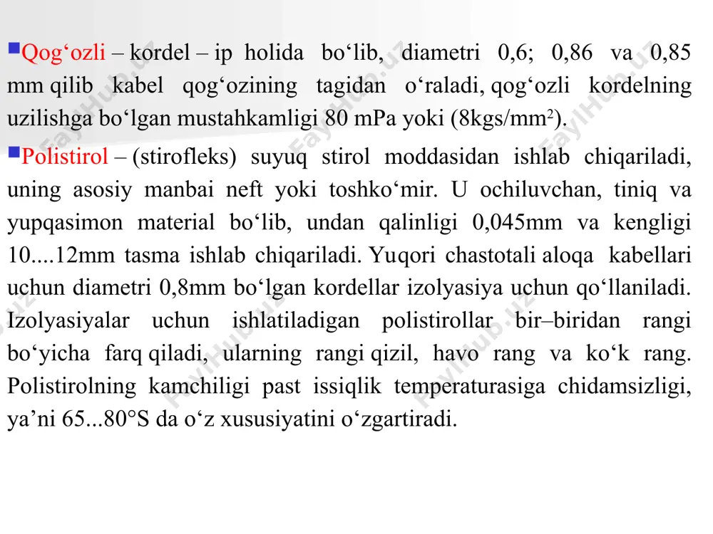 g‘iga ega kuchli kabelning eng asosiy hususiyati olovga bardoshliligi bo‘lib, sinov paytida alanga olib tashlaganidan so‘ng, kabelning o‘z-o‘zidan so‘nishi hisoblanadi. bunday xususiyatga ega polivinilxlorid plastikat izolyatsiyali va shlangli kabellarda alanga tarqalmaydi. demak, asosiy ko‘rsatkich – alanga olib tashlanganda so‘nish vaqtining davomiylidir. so‘ngi ma’lumotlarga asosan materiallar yonuvchanligi kislorod indeksi va solishtirma yonish issiqligi ko‘rsatkichlari bilan ifodalanadi. material yonuvchanlik ko‘rsatkichi kislorodli indeks % solishtirma yonish issiqligi,mm/kg polietilen 16-18 46,5 so‘nuvchan polietilen 25-27 46,6 polivinilxlorid (qatroni) 45 20 polivinilxlorid plastikat 23-27 22,6 xloropren kauchukli rezina 22-25 29 ftoroplast 95 4,5 o‘zining yuqori elektr izolyatsion va mexanik xarakteristikasi bo‘yicha polietilen barcha klass kuchlanishli kabel izolyatsiyasida qo‘llanilishi mumkin. lekin qisqa tutashuv paytida polietilenning nisbatan past issiqlikka bardoshligi, uning asosidagi kabellarni keng miqiyosda qo‘llanilishini cheklaydi. shu bilan bir qatorda polietilen yuqori darajali radiatsion bardoshlikka egaligi, uni radiatsion nurlanish sharoitida ishlaydigan kabel izolyatsiya va qobig‘ida qo‘llash imkonini beradi. vulqanlangan polietilen tarkibidagi ko‘ndalang molekula aro bog‘lanish tufayli yuqori …