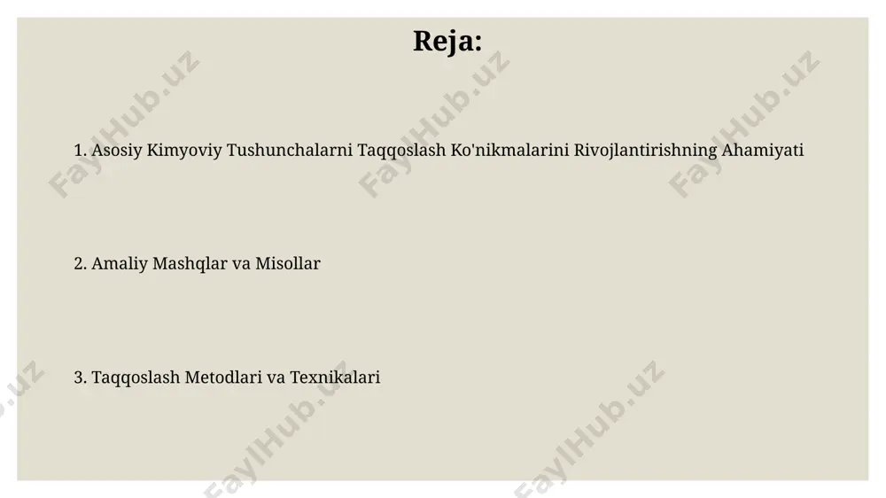 turdagi tenglamalar yordamida ifodalash va ularni o'zaro taqqoslash reaksiyalarni chuqurroq tushunishga yordam beradi. taqqoslash ko'nikmalarini rivojlantirishda 3-5 ta kimyoviy moddaning xossalarini (masalan, erish harorati, zichlik) jadval shaklida taqqoslash samarali. misollar va amaliy mashqlar misol va amaliy mashqlar orqali talabalar 2-3 ta turli birikmaning formulalarini solishtirib, ularning tuzilishi va xossalari orasidagi farqlarni aniqlay oladilar. atom massasi, valentlik va ion zaryadi kabi 3 ta asosiy parametrni solishtirish orqali 10 ta elementning xossalarini tahlil qilib, davriy jadvaldagi o'rni bilan bog'liqlikni tushunish mumkin. e'tiboringiz uchun rahmat @taqdimot_robot image3.jpg image4.jpg image5.jpg image6.jpg image7.jpg image8.jpg