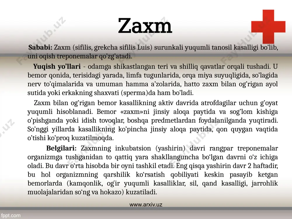 ir yosh avlod vakiliga etkazish barchamizning murabbiylik burchimizdir. www.arxiv.uz www.arxiv.uz so'zak www.arxiv.uz sababi: so‘zak surunkali yuqumli tanosil kasalligi bo’lib, uni gonokokklar qo’zg’atadi. uning qo’zg’atuvchisi.faqat odam organizmini zararlaydi. yuqish yo’llari - katta yoshdagi kishilarga jinsiy aloqa paytida yuqadi. bolalarga nojinsiy yo‘l bilan: kasallikka chalingan ota - onalaridan va uy - ro‘zgor buyumlari orqali yuqadi. belgilari: gonokokklar silindrsimon epiteliy hujayralari bilan qoplangan shilliq qavatlarda yashaydi va ularni zararlaydi. shu sababli odatdagi so‘zak jarayoni quyidagi a’zolarning yallig`lanishiga olib keladi: siydik chidaruv yo‘lj (uretrit), bachadon bo‘yni (endotservitsit), yo‘g`on ichakning pastki qismi (proktit), qiz bolalarda qin (vaginit) va yangi tug`ilgan chaqaloqlarda ko‘zning shox parda va muguz qavatlari (blennoreya). boshqa siydik - tanosil a’zolarining va ekstragenital a`zolarining gonokokklardan zararlanishi so`zakning asorati hisoblanadi. so‘zakning kechishi:so‘zakning kechishi, kasallikning og`ir yoki yengil o‘tishi bemor organizmining immunobiologik holatiga bog‘liq. so‘zak sepsisi ko‘pincha organizmi zaiflashib qolgan bemorlarda kuzatiladi. amaliy venerologiyada so‘zakning quyidagi klinik turlarini farqlanadi: 1. yangi so‘zak (kasallik muddati 2 …