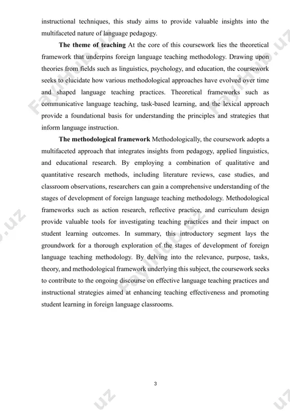 egrates insights from pedagogy, applied linguistics, and educational research. by employing a combination of qualitative and quantitative research methods, including literature reviews, case studies, and classroom observations, researchers can gain a comprehensive understanding of the stages of development of foreign language teaching methodology. methodological frameworks such as action research, reflective practice, and curriculum design provide valuable tools for investigating teaching practices and their impact on student learning outcomes. in summary, this introductory segment lays the groundwork for a thorough exploration of the stages of development of foreign language teaching methodology. by delving into the relevance, purpose, tasks, theory, and methodological framework underlying this subject, the coursework seeks to contribute to the ongoing discourse on effective language teaching practices and instructional strategies aimed at enhancing teaching effectiveness and promoting student learning in foreign language classrooms. chapter 1: historical perspectives on foreign language teaching methodology 1.1. traditional grammar-translation method the traditional grammar-translation …