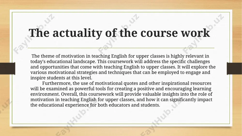 ation is the tool to bring effectiveness in the teaching learning process. thus, motivation is the way of achieving the desired goals in the life and enhances the abilities to do what we want to do. chapter ii. the role of motivation in teaching english for upper classes 2.1. motivational teaching in the english language classes motivation is a condition that activates and sustains behavior toward a goal. it is critical to learning and achievement across the life span in both informal settings and formal learning environments. 2.2 the influence of motivational resource ( speech, quotes, citations) in teching students this motivational resource highlights the importance of motivation in student success, particularly in the context of learning a new language. it emphasizes the role of teachers in maintaining and nurturing students' motivation. the initial enthusiasm and passion of students when they first start learning a new language can diminish over …