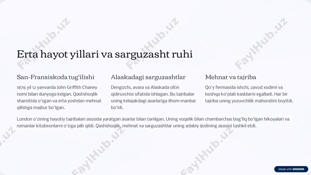 koyasi sifatida yozilgan. tabiatdan sivilizatsiyaga o'tish sevgi va g'amxo'rlikning kuchi hayvon psixologiyasi dengiz bo'risi (1904) shafqatsiz kemachi kapitani va adabiy tanqidchining psixologik sarguzashti. inson tabiatining qorong'u tomonlarini ochib beradi. kuch va zaiflik dialektikasi insoniy qadriyatlar va tabiat qonunlari dengizda omon qolish bu ikki roman london ijodida inson va hayvon o'rtasidagi murakkab munosabatlarni o'rganishda muhim o'rin tutadi. yozuvchi tabiat va sivilizatsiya o'rtasidagi ziddiyatni chuqur tahlil qilgan. uning personajlari ekstremal sharoitlarda o'zlarining haqiqiy tabiatini namoyon qiladilar. 4 martin eden: avtobiografik g'alaba shaxsiy tajriba asosida 1909 yilda nashr etilgan bu roman londonning o'z hayoti va yozuvchilik yo'lidagi kurashlarini aks ettiradi. ishchi sinfidan chiqqan yoshning adabiy muvaffaqiyat va ijtimoiy tan olinish yo'lidagi izlanishi. asosiy mavzular individualizm va shaxsiy rivojlanish sinf ziddiyatlari va ijtimoiy adolatsizlik mavjudiy umidsizlik va hayot ma'nosi ta'lim va o'z-o'zini rivojlantirishning ahamiyati adabiy ahamiyat bu roman amerika adabiyotida ishchi sinf vakili qahramonining eng yorqin tasvirlaridan biri hisoblanadi. "martin eden" - bu nafaqat …