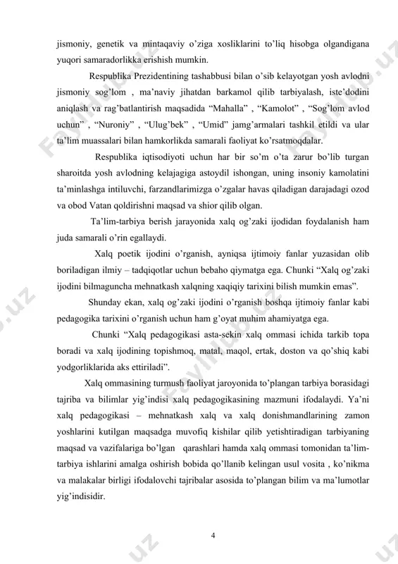 i ifodalaydi. ya’ni xalq pedagogikasi – mehnatkash xalq va xalq donishmandlarining zamon yoshlarini kutilgan maqsadga muvofiq kishilar qilib yetishtiradigan tarbiyaning maqsad va vazifalariga bo’lgan qarashlari hamda xalq ommasi tomonidan ta’lim-tarbiya ishlarini amalga oshirish bobida qo’llanib kelingan usul vosita , ko’nikma va malakalar birligi ifodalovchi tajribalar asosida to’plangan bilim va ma’lumotlar yig’indisidir. boshqacha qilib aytganda, xalq pedagogikasi xalq ommasining og’zaki tarzda yaratgan avloddan avlodga o’tib kelayotgan tarbiya haqidagi ma’lumotlar – pedagogik ijodlari yig’indisidir. biroq bu pedagogik ijodlar yig’indisi pedagogika fani ilmiy pedagogika bo’la olmaydi. u pedagogika fanining predmeti , muhim tekshirish obe’ktidir. badiy adabiyotda bo’lganidek , fol’klor asarlari ham tuzilishi va g’oyaviy-badiiy hususiyatlariga ko’ra , o’zaro o’xshash hamda farqli tomonlarga ega bo’lib, muayyan guruxlarni tashkil etadi. o’zbek fol’klori asarlari, avvalo ikki katta guruhga bo’linadi : 1.urf – odat va marosimlar bilan bog’liq asarlar. 2.turli urf – odat va marosimlar bilan bog’liq bo’lmagan janrlari. birinchi guruhga: a)mehnat qo’shiqlari;b)mavsum qo’shiqlari; v)marosim qo’shiqlari; g) …