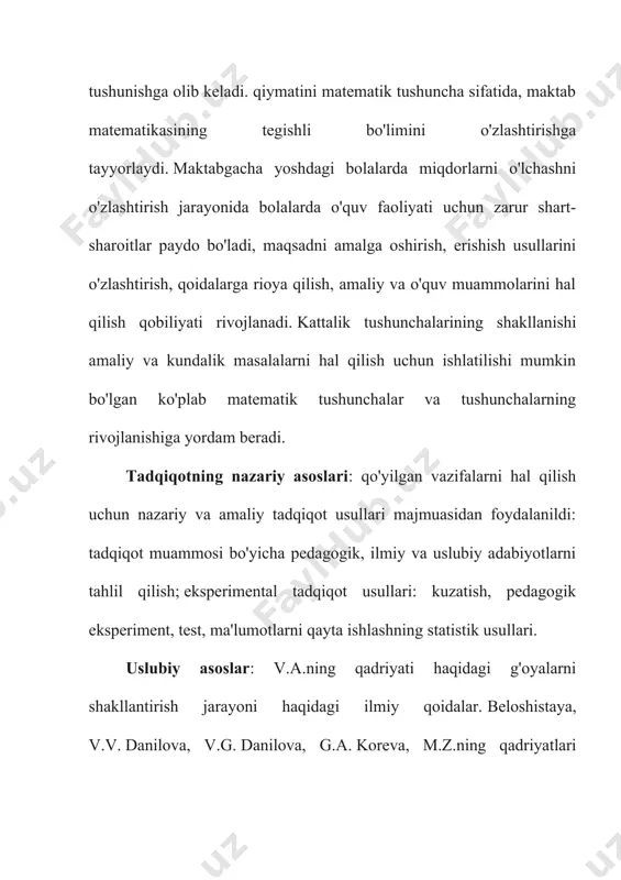 -6 yoshdan boshlab har xil turdagi o'lchovlarga jalb qilish kerak deb hisoblagan. ularni hisoblagich bilan tanishtirish va undan qanday foydalanishni o'rgatish oson. o'qituvchining fikriga ko'ra, etti yoshli bolalar chiziqlarni, kvadratning tomonlarini, santimetr o'lchagichli to'rtburchak va dekimetrni o'lchashni o'rganishlari kerak; metr bilan sinfning uzunligi va kengligi, bog'dagi yo'lning uzunligi yoki bog'dagi to'shaklar, ular daftarda ma'lum uzunlikdagi chiziq chizish, taxta, qog'oz chizig'ini o'lchash imkoniyatiga ega bo'lishlari kerak. belgilangan o'lchamdagi va hokazo. u bolalarni quyidagi o'lchovlar bilan tanishtirdi: metr, detsimetr, santimetr, u qo'llar, qadamlar, stakanlar, stakanlar, qoshiqlar bilan o'lchashni o'rganishni tavsiya qildi. maktabgacha yoshdagi bolalarning qadriyat haqidagi g'oyalarini shakllantirishni o'rganish doirasida bolada raqam tushunchasini shakllantirish uchun asos sifatida o'lchash amaliyoti g'oyasi paydo bo'ldi. va hozirgi vaqtda o'lchovni o'rgatish son va hisoblash ko'nikmalari haqidagi g'oyalarni rivojlantirish asosida amalga oshirilsa-da, bu tushuncha ko'plab nazariy va uslubiy masalalarni ishlab chiqish uchun asos bo'lib xizmat qildi. m.yu. stojarova [22. b.70], bolalar bog'chasida o'lchash faoliyati elementar, propedevtik xususiyatga …