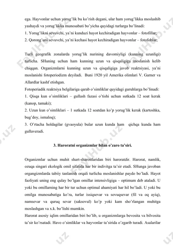 idrobiontlar esa, 35 darajadan baland haroratda yashay olmaydilar. issiq sevar, quruqda yashovchi organizmlar +50°s darajagacha haroratga chidamlidirlar. ba’zi qisqichbaqalar +45-48 darajada yashaydi va suvning harorati 30 darajagacha tushib qolsa o’ladi. organizmdagi moddalar almashinuvi jarayonlarining o’tishi ham haroratga bog’liq. haroratning 10 darajaga ko’payishi reaktsiyaning 2-3 marta tezlashtiradi (vant goff qonuni). issiqlik almashinuvining ikkita asosiy turi mavjud: 1. poykilotermiya – savuqqonliklar; 2. gomoyotermiya – issiqqonliklar. poykilotermiya deb hayoti birinchi navbatda haroratga bog’liq bo’lgan, tanasining harorati tashqi muhit haroratga bog’liq holda o’zgaruvchilarga aytiladi. poykilotermiya hamma mikroorganizmlar, o’simliklar ba’zi bir umurtqasiz hayvonlarga xos. tana haroratini tashqi muhit haroratiga bog’liq bo’lmagan holda doimiy (optimal) holda tutuvchi organizmlar gomoyoterm hayvonlar deyiladi. yashash uchun noqulay bo’lgan sharoitda bu hayvonlar uyquga ketadi. (yumronqoziq, tipratikan yoki chuqur uyqudagi ko’rshapalak, bo’rsiq, ayrim qushlar). bu hayvonlarda tashqi muhit harorati pasayishi bilan modda almashinuv darajasi ham pasayadi. muhit harorati hayvonlarning rivojlanishiga, holatiga, yashab qolishiga, ko’payishiga, ya’ni soni va tarqalishiga ta’sir qiladi. gomoyotermiya …