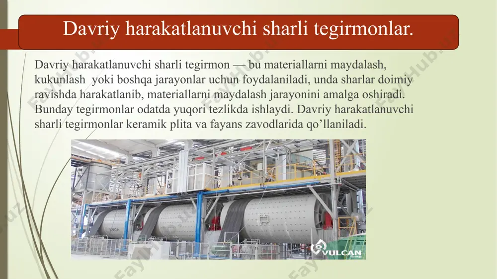 irishda sodir bo’ladigan qiyinchiliklarni mavjudligidan ishlatmaydi. davriy harakatlanuvchi sharli tegirmonlarning ishlash prinsipi materiallarni maydalashga asoslanadi, va ularning samaradorligi texnologik jarayonlar uchun muhim ahamiyatga ega. foydalanilgan adabiyotlar. z.m.sattorov qurilish industriyasining texnologik uskunalari toshkent – 2022 tiiame http://library.tiiame.uz › resources. детализация шаровой мельницы и съемка работы www.youtube.com › watch.9 image1.jpeg image2.png media1.mp4 image3.png image4.jpeg image5.jpeg image6.png /docprops/thumbnail.jpeg