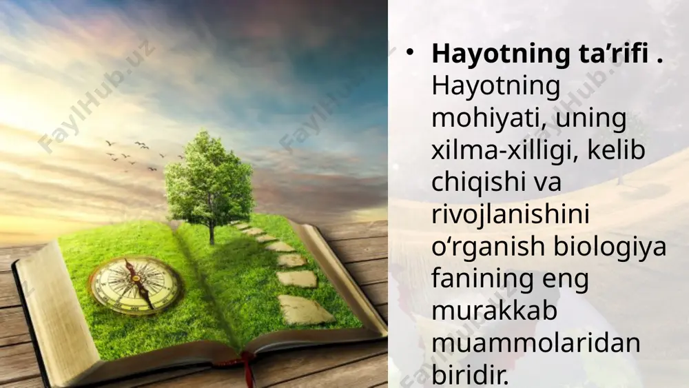 izmlar sporalari ingichka egilgan naycha devorida o‘tirib qoladi va kolba ichiga o‘ta olmaydi. yaxshi qaynatilgan suyuqlikda mikroorganizmlar o‘lganligi, unga tashqaridan yangilarining kira olmaganligi natijasida suyuqlik steril (toza) holatda qoladi, unda mikroorganizmlar paydo bo‘lmaydi. panspermiya nazariyasiga ko‘ra hayot mangu mavjuddir va u bir sayyoradan ikkinchi sayyoraga ko‘chib yuradi. bu nazariyaning tarafdorlari shved fi zik olimi, s. arrenius, rus olimi v. i. vernadskiy, amerika biofi zigi va genetigi, f. krik va boshqalardir. bu olimlarning fi kriga ko‘ra, hayot yerda paydo bo‘lmagan, boshqa sayyoralardan yerga meteoritlar orqali yoki yorug‘lik nurlarining bosimi ta’sirida kelib qolib, qulay sharoitda, oddiy organizmlardan murakkab organizmlargacha rivojlangan. hayotning biokimyoviy evolutsiyasi to‘g‘risidagi nazariya xx asrning 20–30-yillarida shakllana boshladi. bu nazariyaga ko‘ra yerning ilk rivojlanishi davrlarida undagi iqlim sharoitlari hozirgi zamondagiga nisbatan juda katta farq qilgan. bunday sharoitda avval oddiy organik birikmalar abiogen usulda sintezlangan va asta-sekin kimyoviy evolutsiya natijasida murakkablashib, eng oddiy hayot shakllariga aylangan va undan keyin biologik evolutsiya …