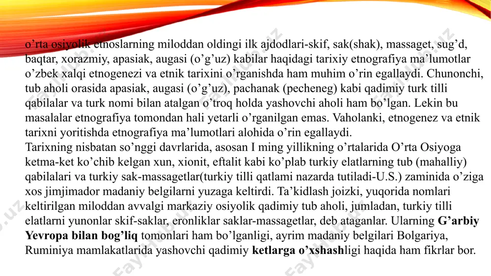 g o’rtalaridan to makedoniyalik iskandarning o’rta osiyo hududiga kirib kelishiga qadar bo’lgan davrni o’z ichiga oladi”. ikkinchi bosqichi, da-yuyechji qabilalari va xunnlarning bu zaminda (movarounnahrda-u.s.) paydo bo’lishi bilan bog’lanadi.bu davrda turkiy etnos foydasiga tub o’zgarishlar qayd etilib, qang davlati va qang’ar elatining tashkil topgan davrlar(mil.avv. iii-ii asrlar) alohida ta’kidlanadi. o’rta osiyoda mil.av.iii-ii asrlarda ijtimoiy-siyosiy o’zgarishlar asosida, etnogenetik jarayonlarning tahliliga ko’ra, qang’ davlatida qang’ar elatiga xos 5 ta etnik omil shakllanganini quyidagicha qayd etgan: “birinchidan sirdaryoning o’rta havzasida, 99 qang davlatining markaziy hududlarida etnohududiy birlik yuzaga keladi; ikkinchidan, ana shu etnohududiy birlik doirasida bir xil rivojlanish darajasidagi iqtisodiy birligi shakllanadi; uchinchidan, tarkib topgan hududiy birlik doirasida deyarli bir xil rivojlanishdagi etnomadaniy birlik maydoni qaror topadi; to’rtinchidan, o’zbek xalqiga xos antropologik tip-o’rta osiyo ikki daryo oralig’i tipi shakllanadi va nihoyat beshinchidan, yangi etnos-qang’ar elati atrofida jipslashgan qang’ davlat konfederasiyasi, ya’ni siyosiy davlat uyushmasi tarkib topadi. aytish joizki, o’zbek ajdodlarining movarounnahrda qang’ siyosiy …