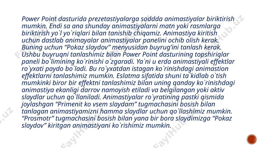 мешения» bandini tanlab, obyektning ixtiyoriy harakat trayektoriyasini sichqoncha yordamida chiza olamiz. effеkt bajarilayotgan paytda eshitilishi lozim bo‘lgan tovush turini ham tanlash mumkin. animatsiya tugagandan kеyin bo’ladigan holatni ham tanlash imkoni mavjud. maxsus effekt — taqdimot qilishda bir slayddan boshqa slaydga o’tish tezliklari ketma ketligini belgilash. power point slaydlariga turli animatsion effektlarni o’rnatish mumkin. slaydlarga animatsion effektlarni qo’llash orqali slaydlarning rang-barangligi oshiriladi. diagrammani to’laligicha animasiyalashtirish: a) agar slaydlar namoyish etilayotganda tekst yoki vizual effekt bilan keluvchi obyektni ekranga chiqarish kerak bo’lsa, vxod (kirish) tugmasini bosib, kerakli effektni tanlang; b) agar muayyan bir vizual effektni slaydda joylashgan tekst yoki obyektga kiritish kerak bo’lsa, videlenie (ajratish) tugmasini bosing va kerakli effektni tanlang; c) agar muayyan bir tekst yoki obyektdagi vuzual effektni orqa fonga o’tkazish kerak bo’lsa vixod (chiqish) tugmasini bosing va kerakli effektni tanlang. image5.jpeg image6.jpeg image7.jpeg image8.jpeg image2.png image3.png
