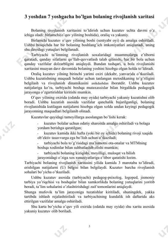 yoshu 9 oy 4 yosh 4 yoshu 3 oy 4 yoshu 6 oy 4 yoshu 9 oy 5 yosh 1 jismoniy rivojlanish va sog‘lom turmush tarzini shakllantirish 1.1 yirik motorika 1 turli usullarda yuradi (to‘g‘ri, erkin, ko‘rsatilgan yo‘nalishda) 2 muvozanatni saqlagan holda chopadi 3 o‘z joyida ikki oyoqda sakraydi 4 oldinga harakatlangan holda sakraydi 5 yoy ostidan emaklab o‘tadi 6 badantarbiya vaqtidagi mashqlarni qaytaradi 7 uch g‘ildirakli velosipedda uchadi 8 sport narvoni bo‘ylab yuqoriga va pastga 9 kolonna, doiraga to‘g‘rilanishi mumkin 10 oyoq uchida, tovonda, orqa bilan, oyoq kaftining tashqi tomonida va tizzasini baland ko‘targan holda yuradi 11 arqonda harakatlanish vaqtida muvozanatni saqlaydi 12 tizzalarini baland ko‘targan holda chopadi 13 uncha baland bo‘lmagan to‘siqlardan sakrab o‘tadi 14 sakramachoq (skakalka) orqali sakrashga harakat qiladi 15 gimnastika skameykasida qo‘li bilan tortilgan holda qorinda emaklaydi 16 gimnastika devoriga tirmashib chiqadi 17 samokatda uchadi 1.2 mayda motorika 1 arqonni halqaga kiritadi · 2 mayda …