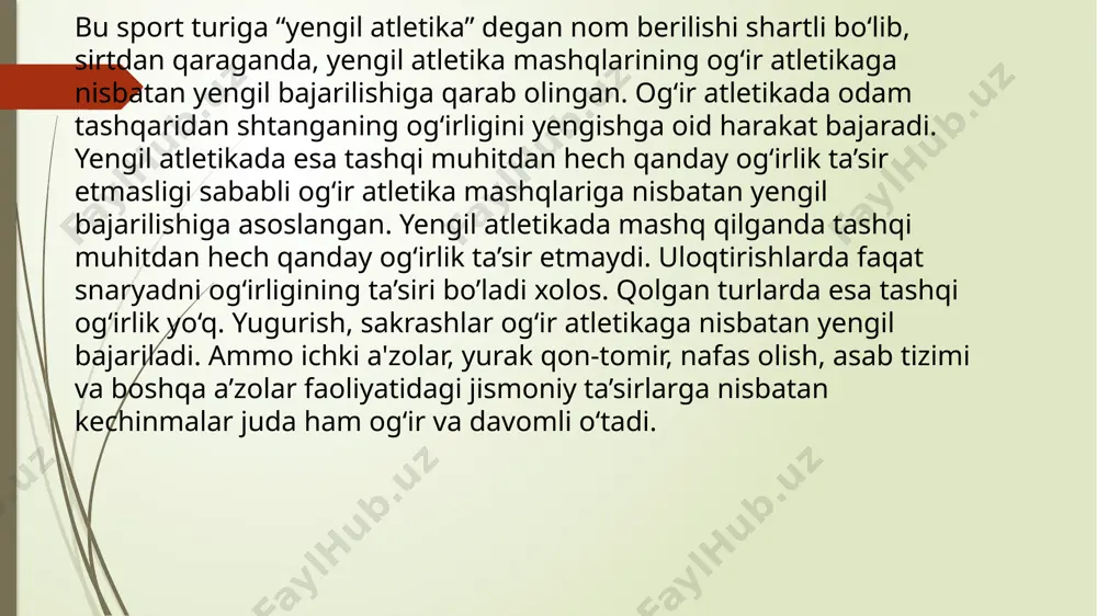 ning ish qobiliyatiga qo‘yilgan talab yurgandagiga nisbatan anchagina katta bo’ladi. chunki yugurganda a’zoyi badandagi mushak guruhlarining deyarli hammasi ishga tushadi, yurakqon tomir, nafas olish va boshqa tizimlar faoliyati kuchayadi, modda almashinish ancha oshadi. shug'ullanuvchilarning imkoniyatlariga qarab, masofa uzunligini va yugurish tezligini o‘zgartirish bilan ish miqdorini har xil qilish, odamning chidamliligi, tezkorligi va boshqa fazilatlari rivojlanishiga ta’sir o'tkazishi mumkin. masalan, unchalik tez emas, lekin uzoq vaqt yugurish (ayniqsa o'rmon yoki istirohat va bog’larda) ning gigiyenik ahamiyati katta bo'lib, bu sog'lomlashtirishning eng yaxshi vositalaridan biri hisoblanadi. yuqori tezlikda yugurish shug'ullanuvchilarga, xususan ularning yurak-qon tomir va nafas olish tizimlariga qo'yilgan talabni oshiradi va chidamlilikni rivojlantiradigan zo'r vosita bo'lib xizmat qiladi. juda katta tezlikda yugurish esa, tezlikni rivojlantirish uchun o'tkaziladigan maxsus mashg‘ulotlarga kiritiladi. yugurish bilan shug’ullanish jarayonida kishi irodasi mustahkamlanadi, o'z kuchini taqsimlay olish, to'siqlardan o‘ta bilish, ochiq joyda mo‘ljal ola bilish qobiliyati hosil bo'ladi. yugurish — har tomonlama jismoniy rivojlanishning asosiy vositalaridan biri. …
