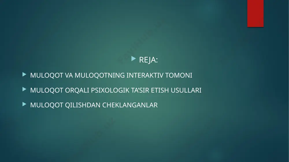 ning yuqoriligi va harakatlardagi artistizm orqali ta’sir ko’rsatish taqlidga undash- ommaviy mashhurlik, maxoratning yuksak namunalarini namoyish etish muayyan g’oyaga xizmat qilishda namuna ko’rsatish orqali ta’sir ko’rsatish. ijobiy munosabat qozonish- o’z ijobiy munosabatlarini namoyish etish, obyekt haqida ijobiy fikr bildirish, unga taqlid qilish hamda biror yumushda yordamlashib yuborish. majburlash- ehtimol tutiladigan oqibatlar bilan ko’rsatish orqali ta’sir ko’rsatish. destruktiv tanqid- odamning o’zi uzgartira olmaydigan narsalar- tashqi qiyofasi, ijtimoiy kelib chiqishi, milliy mansubligi, jismoniy xususiyatlari, shaxs xususiyatlarini yoki uning muvaffaqiyatsizligini adolatli tanqid qilish orqali ta’sir ko’rsatish. inkor etish- etiborsizlikni namoyon etish, befarq qiyofa va sukut, suxbat mavzusini birdan o’zgartirish, sababni ko’rsatmay vadalarni kechiktirib bajarish orqali ta’sir ko’rsatish. manipulyatsiya-gijgijlatuvchi fikr- muloxazalar, shaxsiy imkoniyatlarning chegaralanganligini, ojizlikni manoyish etish, “beayb” shantaj orqali ta’sir ko’rsatish. muloqotda bo’lish imkonidan maxrum odam ontogenezning yuqoriroq bosqichlarida bo’lsa, psixik faoliyatida salbiy o’zgarishlar yuz beradi. imkoniyati cheklangan (nogiron) -bu shaxsiy ehtiyojlarini va ijtimoiy hayot yetishmovchiliklarini qisman yoki to‘liq o‘zi mustaqil ta’minlay ol-maydigan …