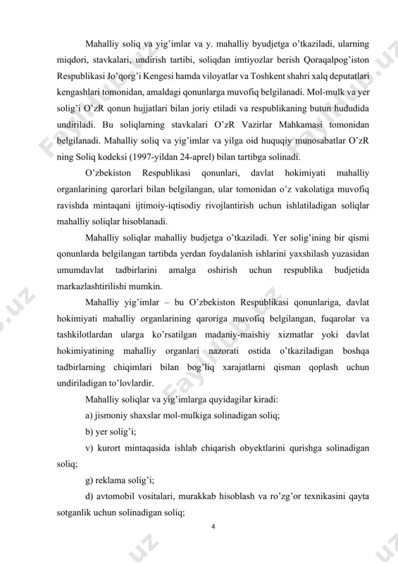 vazirlar mahkamasi tomonidan belgilanadi. mahalliy soliq va yig’imlar va yilga oid huquqiy munosabatlar o’zr ning soliq kodeksi (1997-yildan 24-aprel) bilan tartibga solinadi. o’zbekiston respublikasi qonunlari, davlat hokimiyati mahalliy organlarining qarorlari bilan belgilangan, ular tomonidan o’z vakolatiga muvofiq ravishda mintaqani ijtimoiy-iqtisodiy rivojlantirish uchun ishlatiladigan soliqlar mahalliy soliqlar hisoblanadi. mahalliy soliqlar mahalliy budjetga o’tkaziladi. yer solig’ining bir qismi qonunlarda belgilangan tartibda yerdan foydalanish ishlarini yaxshilash yuzasidan umumdavlat tadbirlarini amalga oshirish uchun respublika budjetida markazlashtirilishi mumkin. mahalliy yig’imlar – bu o’zbekiston respublikasi qonunlariga, davlat hokimiyati mahalliy organlarining qaroriga muvofiq belgilangan, fuqarolar va tashkilotlardan ularga ko’rsatilgan madaniy-maishiy xizmatlar yoki davlat hokimiyatining mahalliy organlari nazorati ostida o’tkaziladigan boshqa tadbirlarning chiqimlari bilan bog’liq xarajatlarni qisman qoplash uchun undiriladigan to’lovlardir. mahalliy soliqlar va yig’imlarga quyidagilar kiradi: a) jismoniy shaxslar mol-mulkiga solinadigan soliq; b) yer solig’i; v) kurort mintaqasida ishlab chiqarish obyektlarini qurishga solinadigan soliq; g) reklama solig’i; d) avtomobil vositalari, murakkab hisoblash va ro’zg’or texnikasini qayta sotganlik …