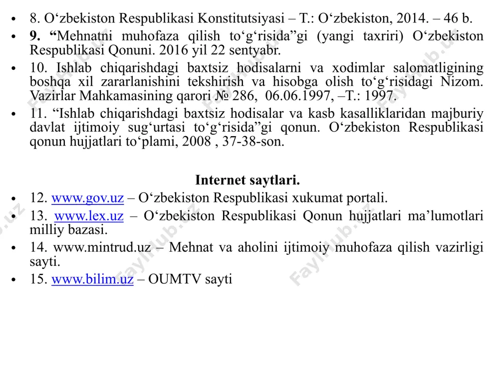 rini hisobga olgan holda xavfsizligini ta’minlashga yo‘naltirilgan bilimlar sistemasidir. faoliyat faoliyat – insonning yashashi uchun zarur bo‘lgan asosiy shart-sharoitlardan biridir. mehnat-faoliyatning oliy formasidir. ensiklopediyada keltirilishicha faoliyat va mehnat turlari ko‘p qirralidir. ular maishiy hayotda, jamiyat hayotida, madaniy, ishlab chiqarish, ilmiy va hayotning boshqa jabhalarida kechadigan amaliy aqliy va ruhiy jarayonlardan iborat. ishlab chikarishda mexnatni tartibsiz, amaldagi konun-koidalar, standartlar va ko‘rsatmalarga amal kilmasdan amalga oshirilishi, nafakat jaroxatlanish yoki shikastlanishni keltirib chikarishi, balki ayrim xollarda o‘limga xam olib kelishi mumkin. tabiiyki, bu insonni o‘zining mexnat faoliyatidagi tabiiy, texnik, antropogen, ekologik va boshka turdagi barcha xavfli faktorlardan ximoyalashni ilmiy asosda tashkil etishni talab etadi. aynan «hayotiy faoliyat xavfsizligi» fanining asosiy maksadi va vazifalari ushbu masala echimiga qaratilgan bo‘lib, u fanning o‘z qonuniyatlari, uslublari va prinsiplari asosida amalga oshiriladi. hayot faoliyati xavfsizligi (hfx) fani hfx ligi insonni har qanday muhitdagi faoliyatida uning xavfsizligi va sog‘ligini ta’minlovchi, xavfli va zararli omillardan himoya qiluvchi amaliyot va …