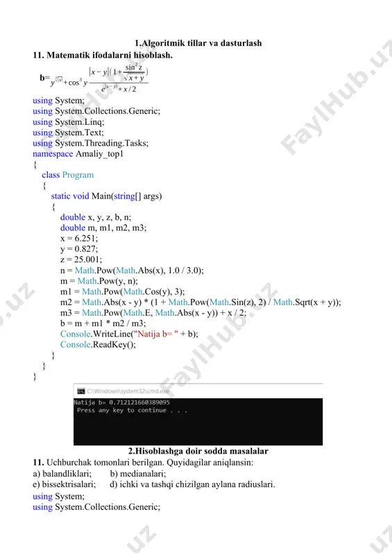 shsoni = pair.value; engkopuchraydiganjuftlik = pair.key; } } console.writeline("eng ko'p uchraydigan juftlik: " + engkopuchraydiganjuftlik); console.readline(); } } } 13. dinamik massivlar funksiya argumenti sifatida 11. shaxmat musobaqasida qatnashgan n ta shaxmatchining natijalari t jadvalda berilgan (n>2): enum uyin_natijasi{y,d,m,x}; uyin_natijasi turidagi n*n o‘lchamli dinamik massiv (jadval) hosil qilinsin. uning qiymatlari quyidagicha aniqlasin: jadval[i][j]=y, agar i -ishtirokchi j - ishtirokchi ustidan g‘alaba qozongan bo‘lsa, (bunda jadval[j][i]=m), jadval[i][j]=d va jadval[j][i]=d, agar i - va j - ishtirokchilar durang o‘ynagan bo‘lsa, hamda jadval[i][i]=x. jadvalning ko‘rinishi quyidagicha bo‘lishi mumkin (rasmga qarang). yutuq uchun 3 ochko, durang uchun 1 ochko, mag‘lubiyat uchun 0 ochko beriladi. ishtirokchilar nomerlari ularning to‘plagan ochkolari bo‘yicha o‘smaydigan tartibda chop qilinsin. using system; using system.collections.generic; using system.linq; using system.text; using system.threading.tasks; namespace amaliy_top13 { enum uyin_natijasi { y, d, m, x }; class program { static void main() { console.write("shaxmat o'yinchilar sonini kiriting (n > 2): "); int n = int.parse(console.readline()); …